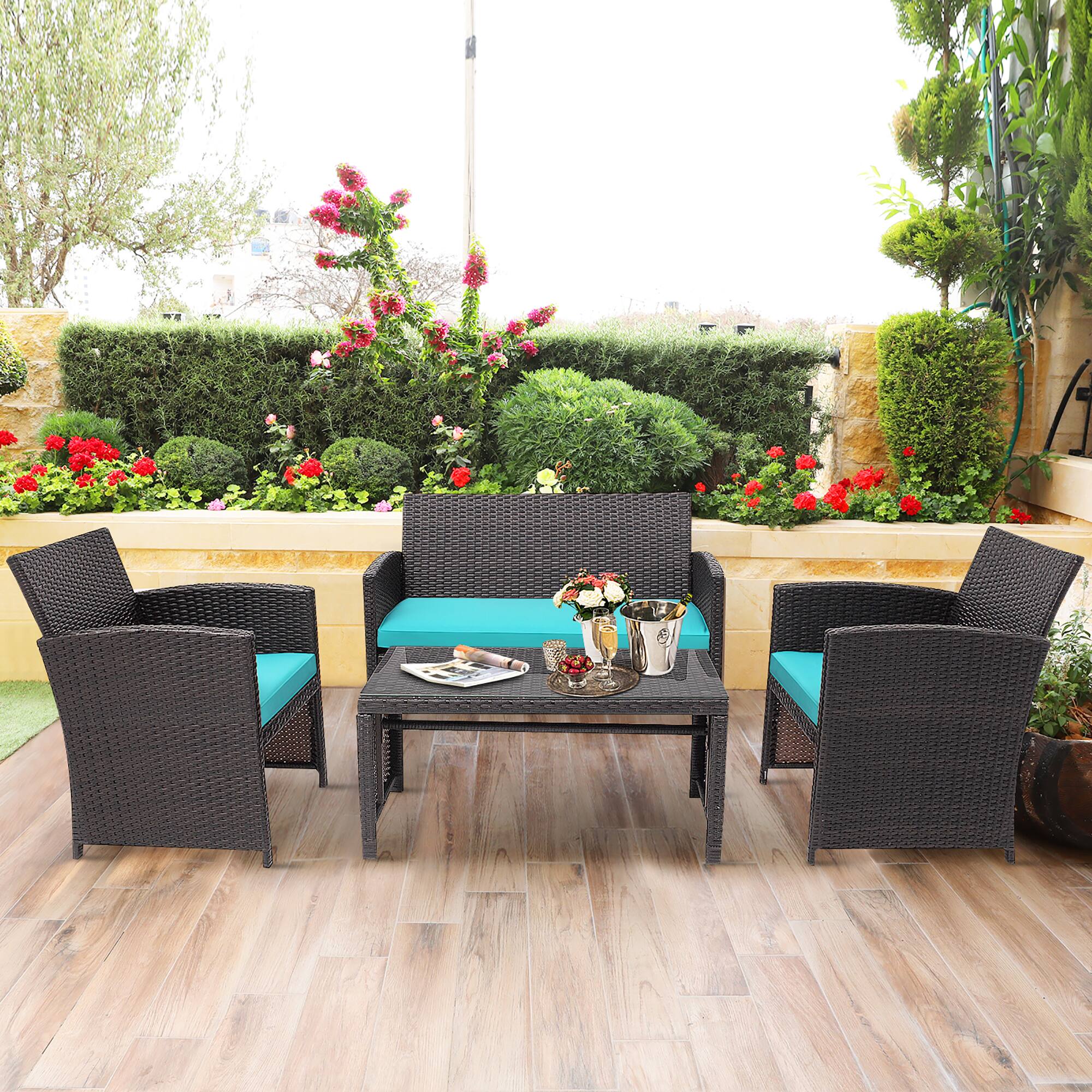 Alt View 2. Costway - Costway 8PCS Patio Rattan Furniture Set Cushioned Chair Sofa Table - Turquoise.