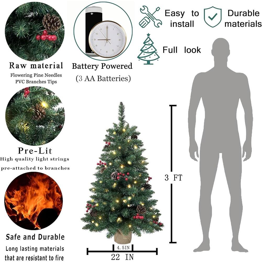 - Easy to install
- Durable materials
- Raw material: Flowering Pine Needles, PVC Branches Tips
- Battery Powered: (3 AA Batteries)
- Pre-Lit: High quality light strings pre-attached to branches
- Safe and Durable: Long lasting materials that are resistant to fire
- Full look
- 3 FT
- 4.5 IN
- 22 IN