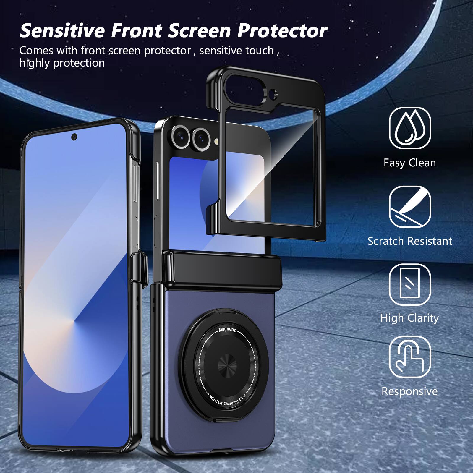 Sensitive Front Screen Protector  
Comes with front screen protector, sensitive touch, highly protection  

Easy Clean  
Scratch Resistant  
Magnetic  
High Clarity  
Wireless Charging  
Responsive