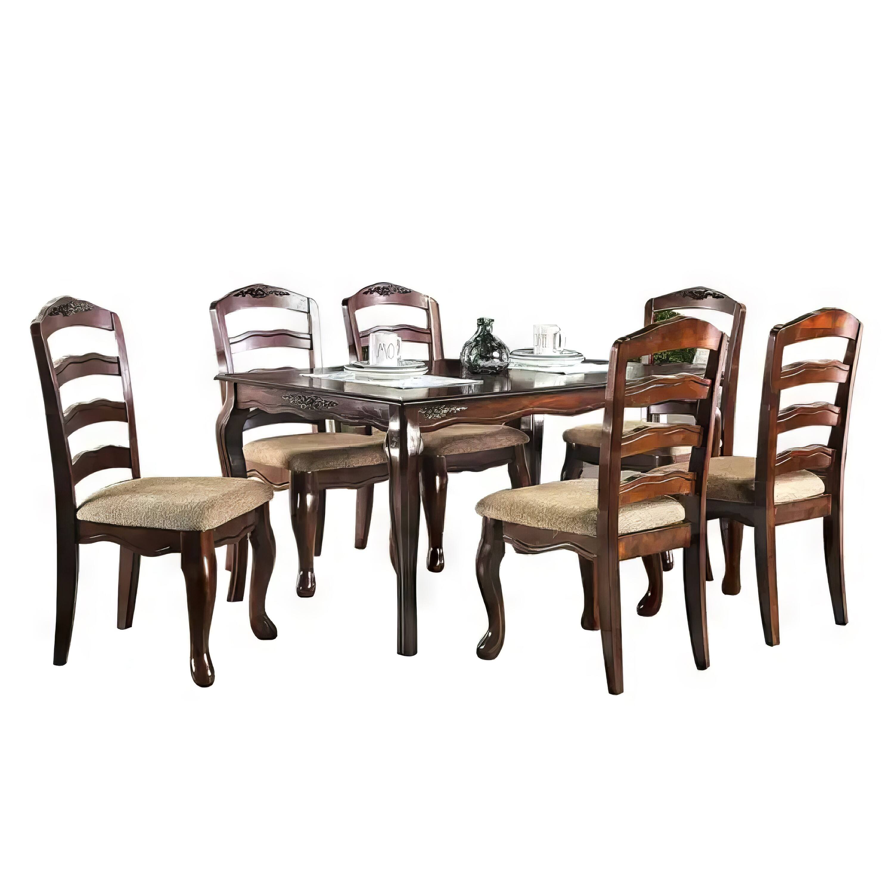 Manhattan Lane - Viny 7pc Dining Table Set with 6 Fabric Chairs, Dark Walnut Solid Wood - Dark Walnut Brown