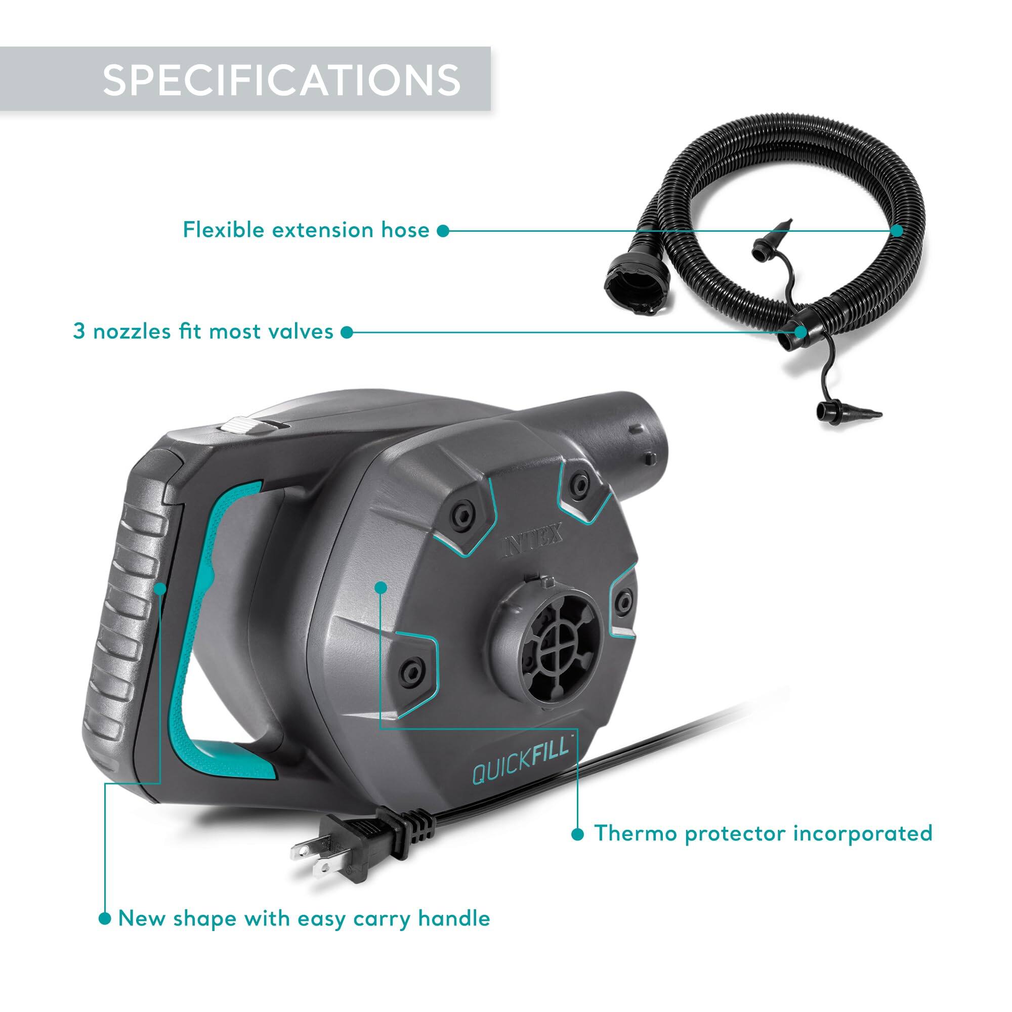 Sure, here is the corrected and grouped text from the image:

---

**SPECIFICATIONS**

- Flexible extension hose
- 3 nozzles fit most valves
- Thermo protector incorporated
- New shape with easy carry handle

---