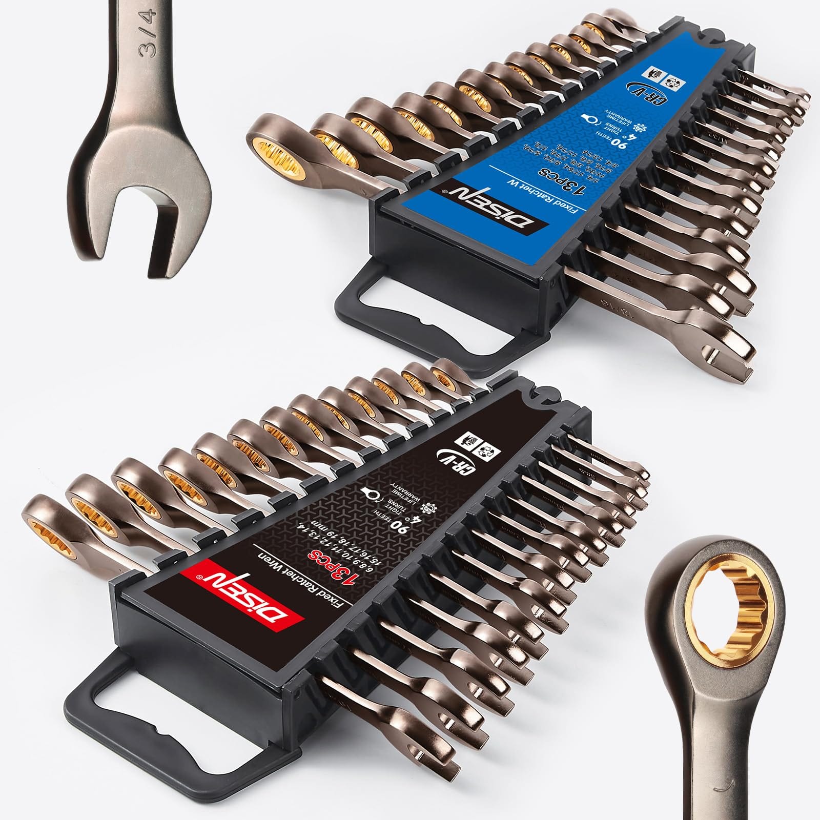 JETRANSPORT - 26 Piece Ratcheting Wrenches Set 90 Teeth Combination Metric 6mm-19mm And Sae 1/4 Inch-13/16 Inch Cr-v - 26pc MM&IN Fixed Head