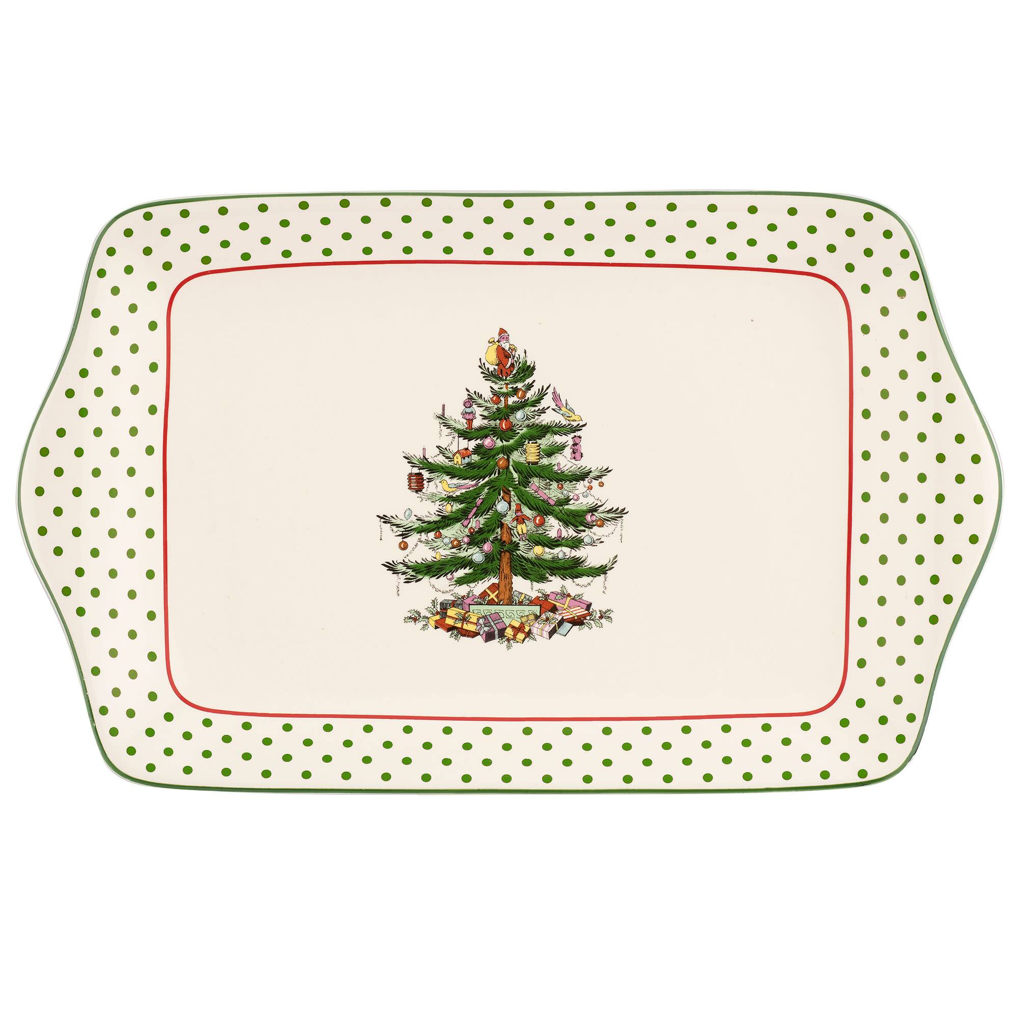 Front. Spode - Spode Christmas Tree Collection 12-Inch Dessert Tray - Polka Dot - Multicolored.