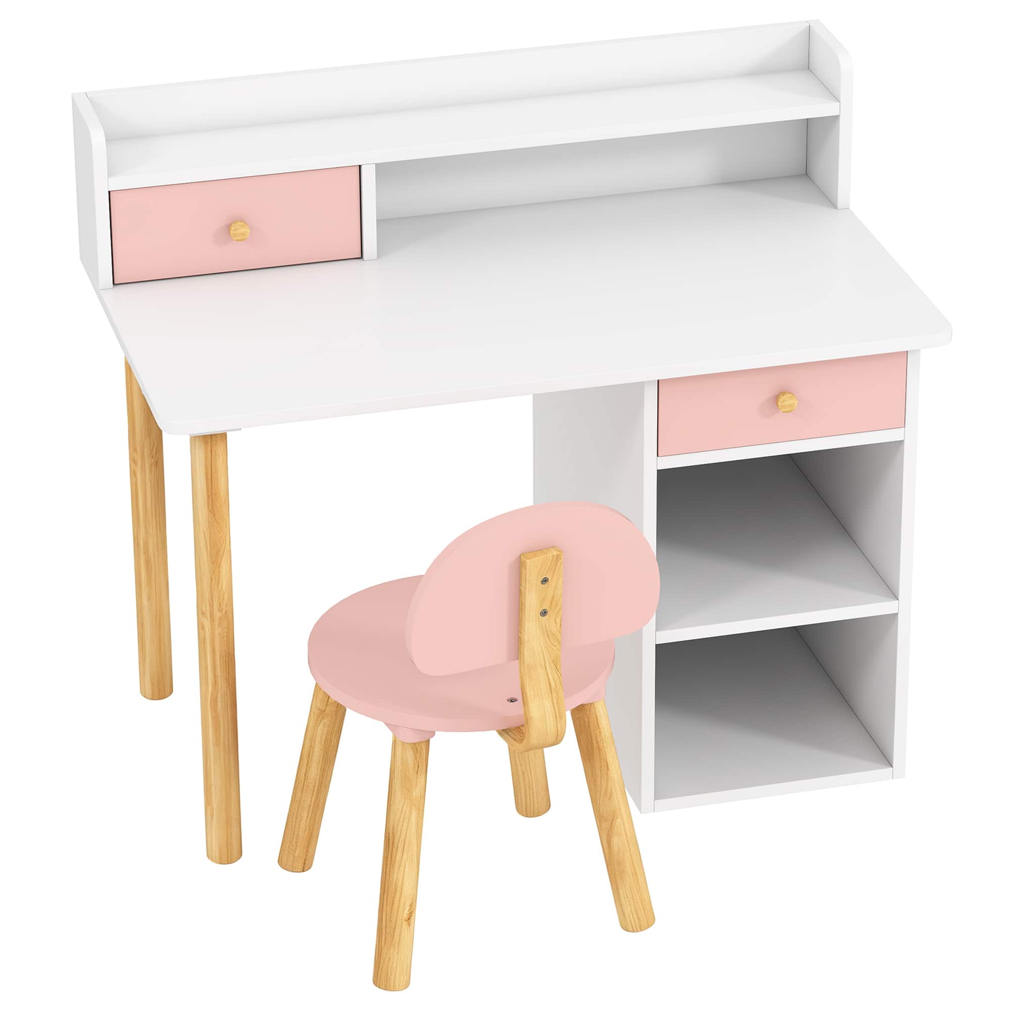 Qaba - Study Desk with Storage, Kids Desk and Chair Set for Bedroom & Study Room - Pink