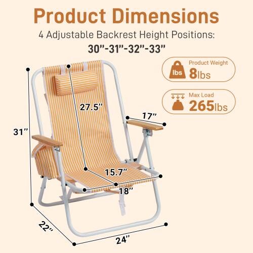 Product Dimensions: 4 Adjustable Backrest Height Positions: 30"-31"-32"-33"  
Product Weight: 8lbs  
Max Load: 265lbs  
Dimensions: 31" x 27.5" x 17" x 15.7" x 18" x 22" x 24"