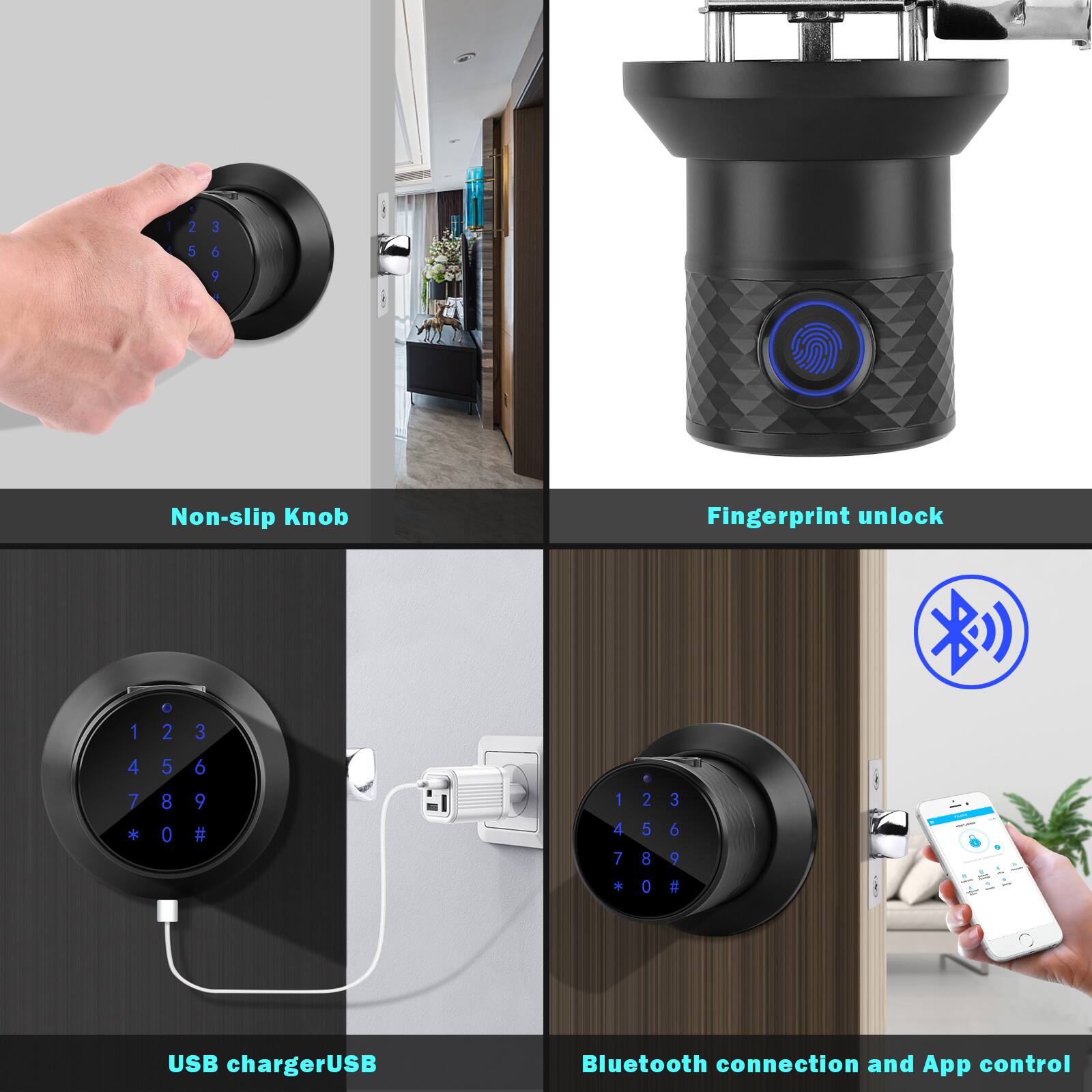 1 2 3 4 5 6 7 8 9 *0#, Non-slip Knob, Fingerprint unlock, USB chargerUSB, Bluetooth connection and App control