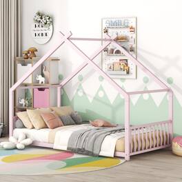 GOODSILO - Twin Size Metal House Frame Bed with Playful Roof Design for Children's Bedroom and Play Area - Pink