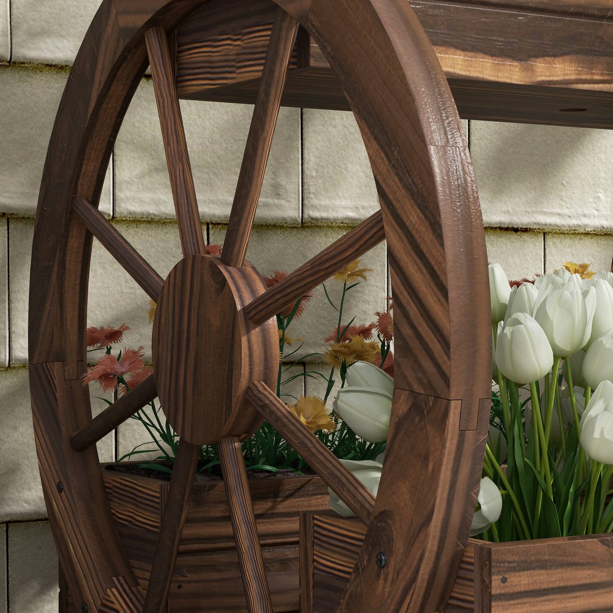 Alt View 8. Outsunny - 2-Tier Raised Garden Bed, Wooden Wagon Planter Boxes with Drainage Holes, for Vegetables Flowers Herbs, 25" x 21" x 24" - Carbonized.