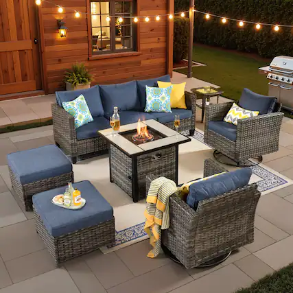 Front. Ovios - 7 PCS Outdoor Patio Furniture 3 Seat Sofa with Swivel Chairs and 30" Fire Pit Table - Denim Blue.