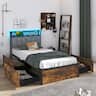 Gymax - LED Bed Frame Twin Size w/ Charging Station Upholstered Headboard 4 Drawers - Rustic Brown, Black