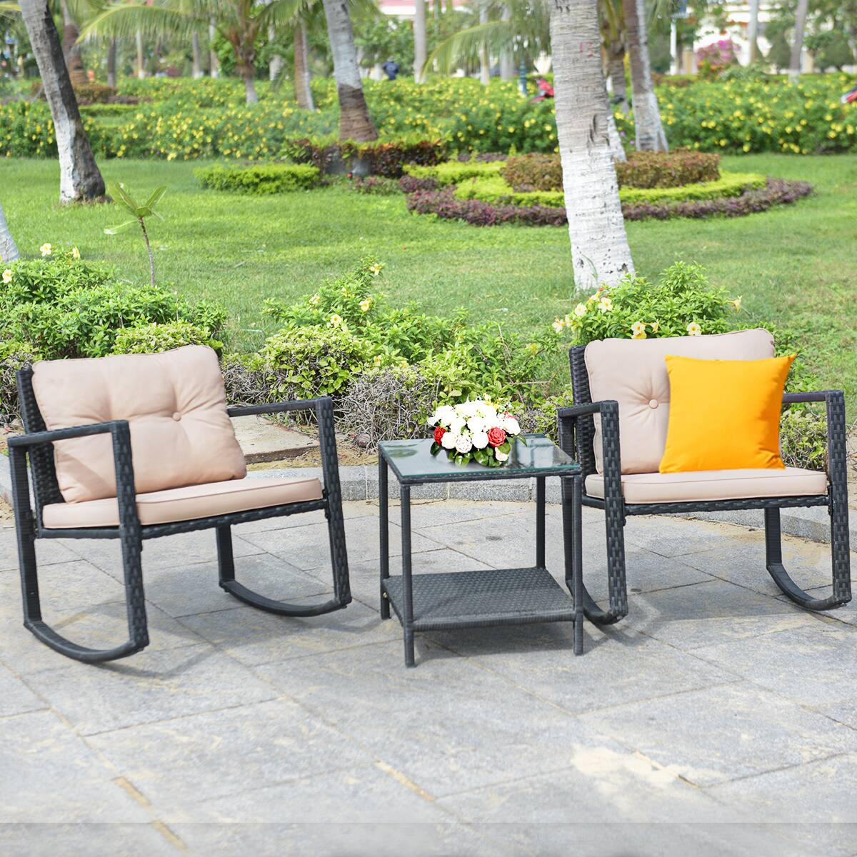 Alt View 3. Costway - 3PC Patio Rattan Conversation Set Rocking Chair Cushioned Sofa Garden Furniture - Black,Beige.