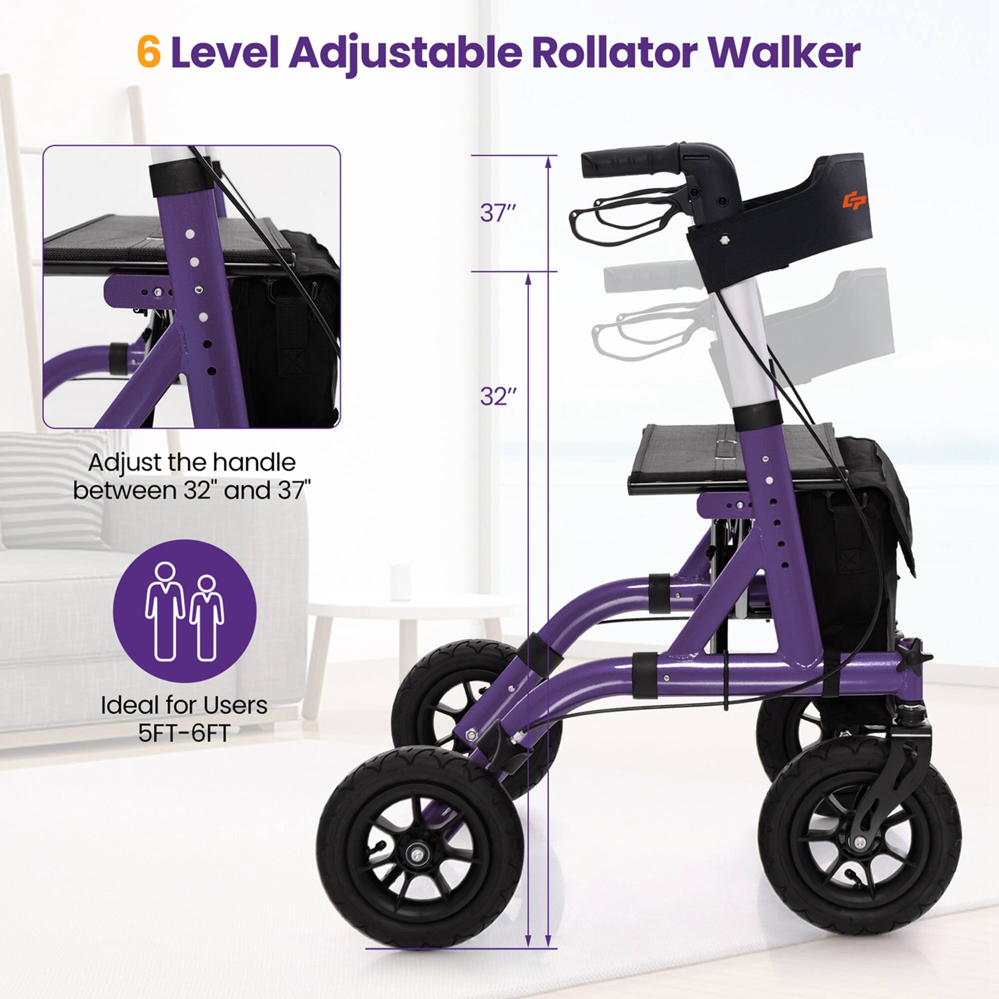 6 Level Adjustable Rollator Walker

37"

32"

Adjust the handle between 32" and 37"

Ideal for Users 5FT-6FT