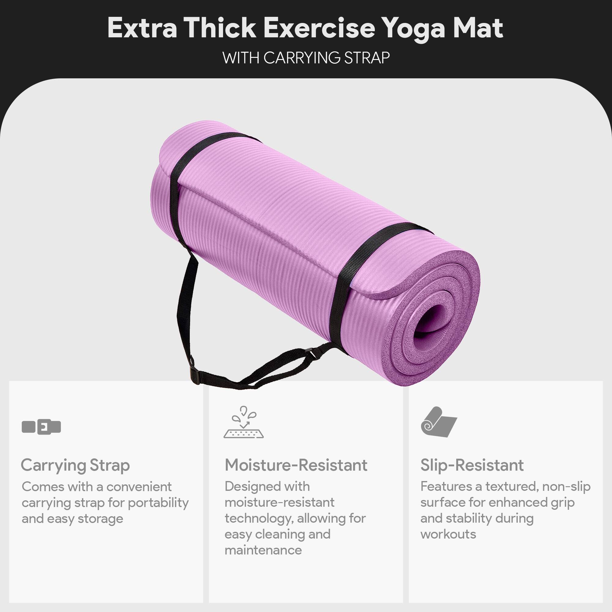 Extra Thick Exercise Yoga Mat WITH CARRYING STRAP

- Carrying Strap: Comes with a convenient carrying strap for portability and easy storage
- Moisture-Resistant: Designed with moisture-resistant technology, allowing for easy cleaning and maintenance
- Slip-Resistant: Features a textured, non-slip surface for enhanced grip and stability during workouts