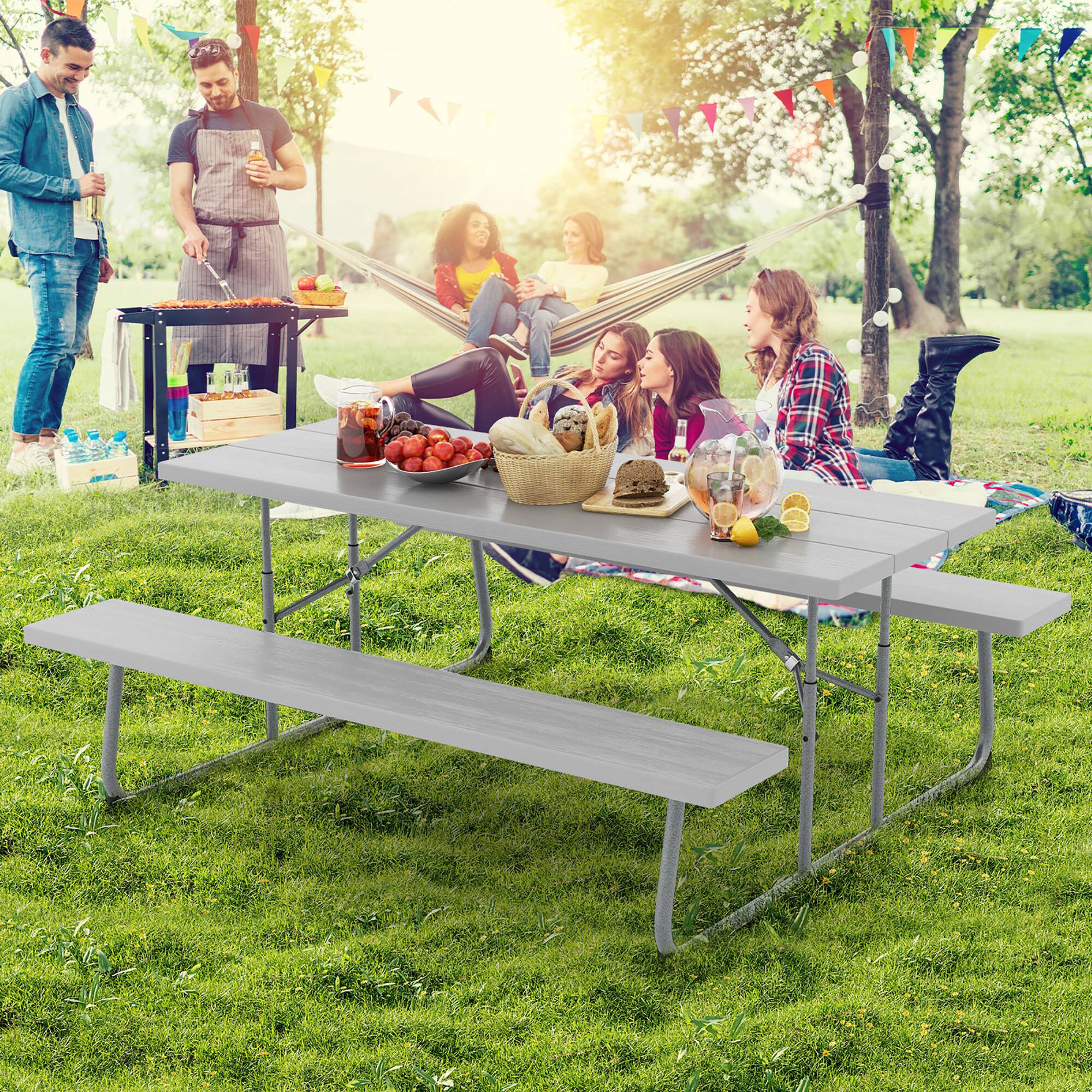 Alt View 3. Gymax - Gymax Folding Picnic Table w/ 2 Benches 6 FT Camping Table Set w/ All-Weather HDPE Tabletop Grey - Grey.