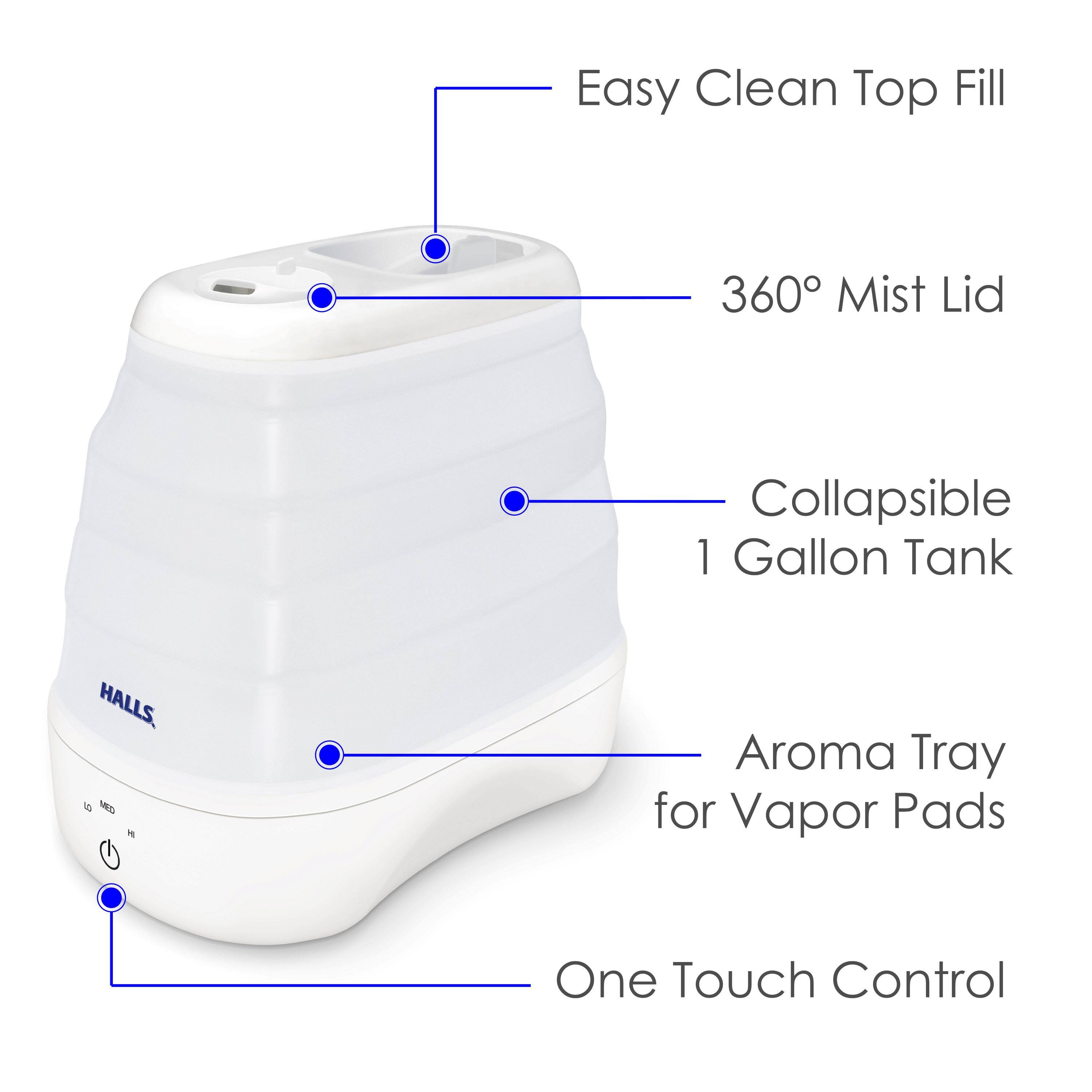 Easy Clean Top Fill, 360° Mist Lid, Collapsible 1 Gallon Tank, Aroma Tray for Vapor Pads, One Touch Control