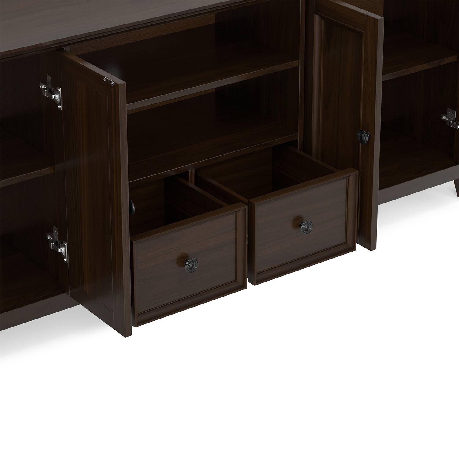 Alt View 5. Simpli Home - Simpli Home Amherst 84 inch Wide Solid Wood Transitional TV Stand in Brunette Brown/Bronze - Brunette Brown.