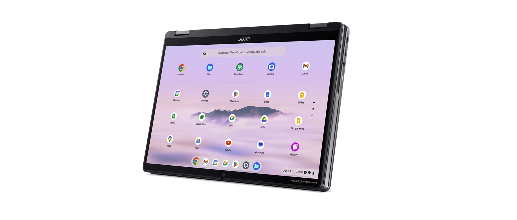 acer  
G  
files, tabs apps settings, help. web... Search your  
M  
Chrone  
Ales  
Calculator  
Camera  
Gmail  
Calendar  
Settings  
Play Store  
Docs  
Sides  
Shorts  
Google Chat  
Meet  
Drive  
Google Keep  
Maps  
News  
M  
YouTube  
Messages  
Gallery  
Jun 13  
12:30  
ring Comin Artinicabial