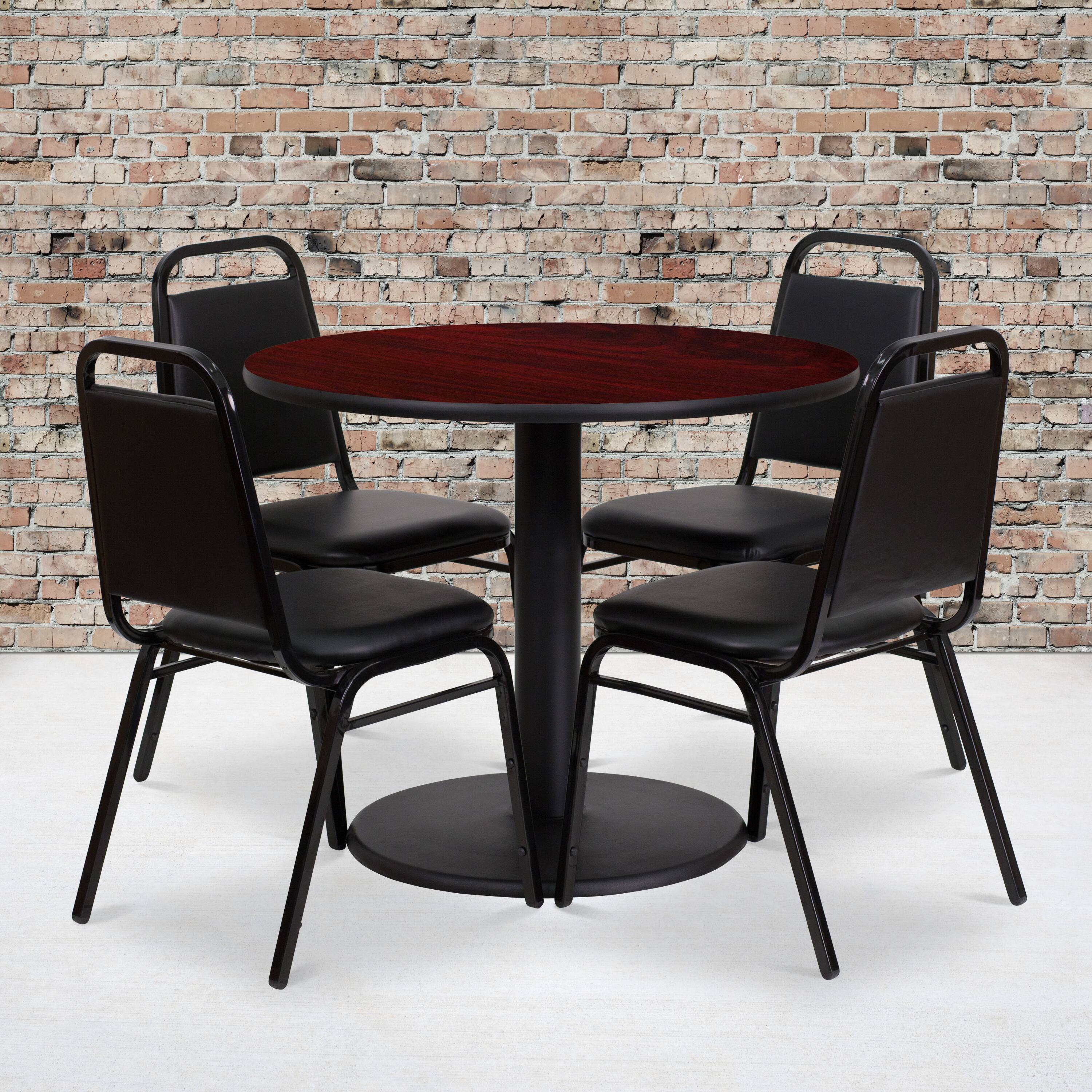 Alt View 1. Emma + Oliver - 36" Round Laminate Table Set with 4 Trapezoidal Banquet Chairs - Mahogany Top/Black Vinyl Seat.