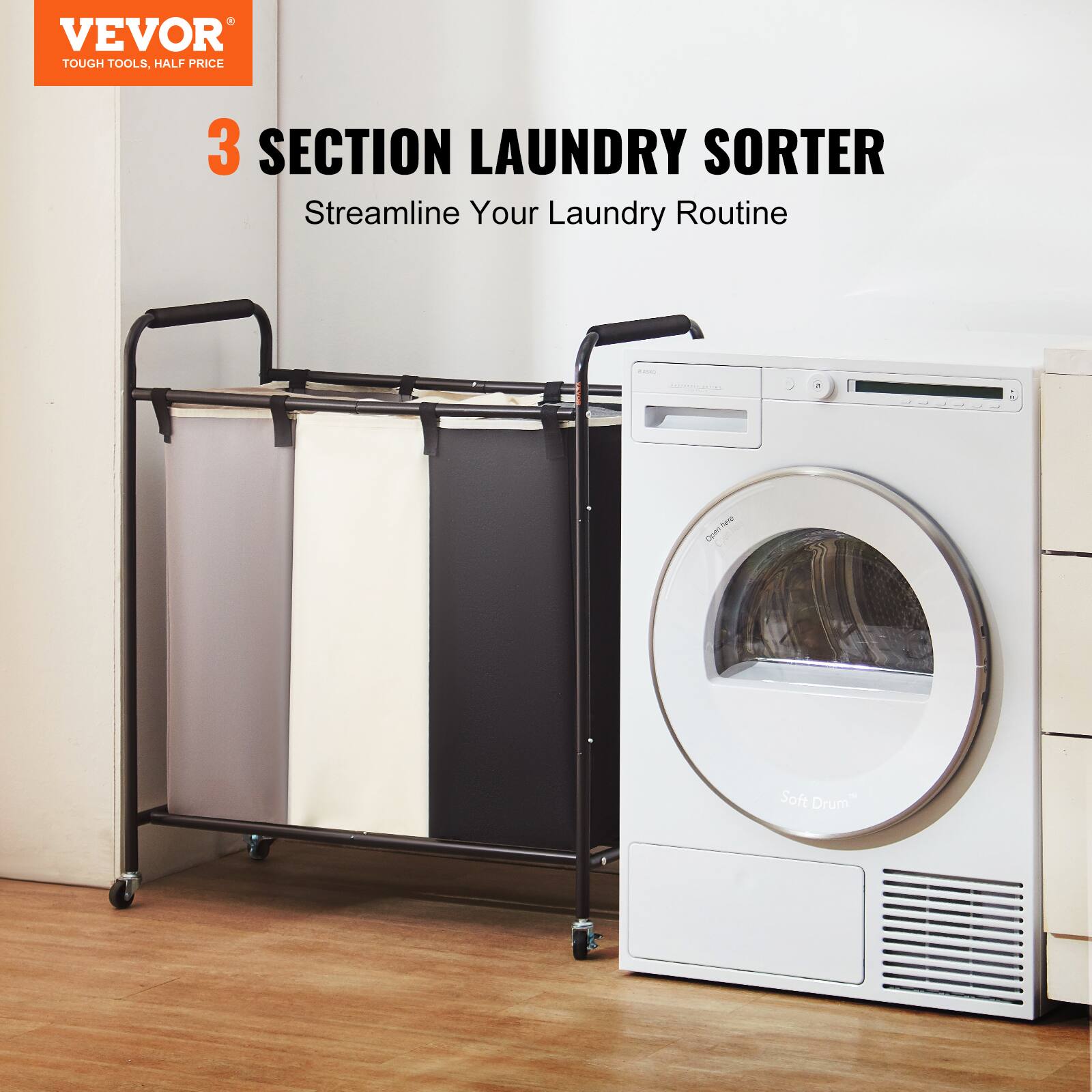VEVOR  
TOUGH TOOLS, HALF PRICE  

3 SECTION LAUNDRY SORTER  
Streamline Your Laundry Routine  

Soft Drum