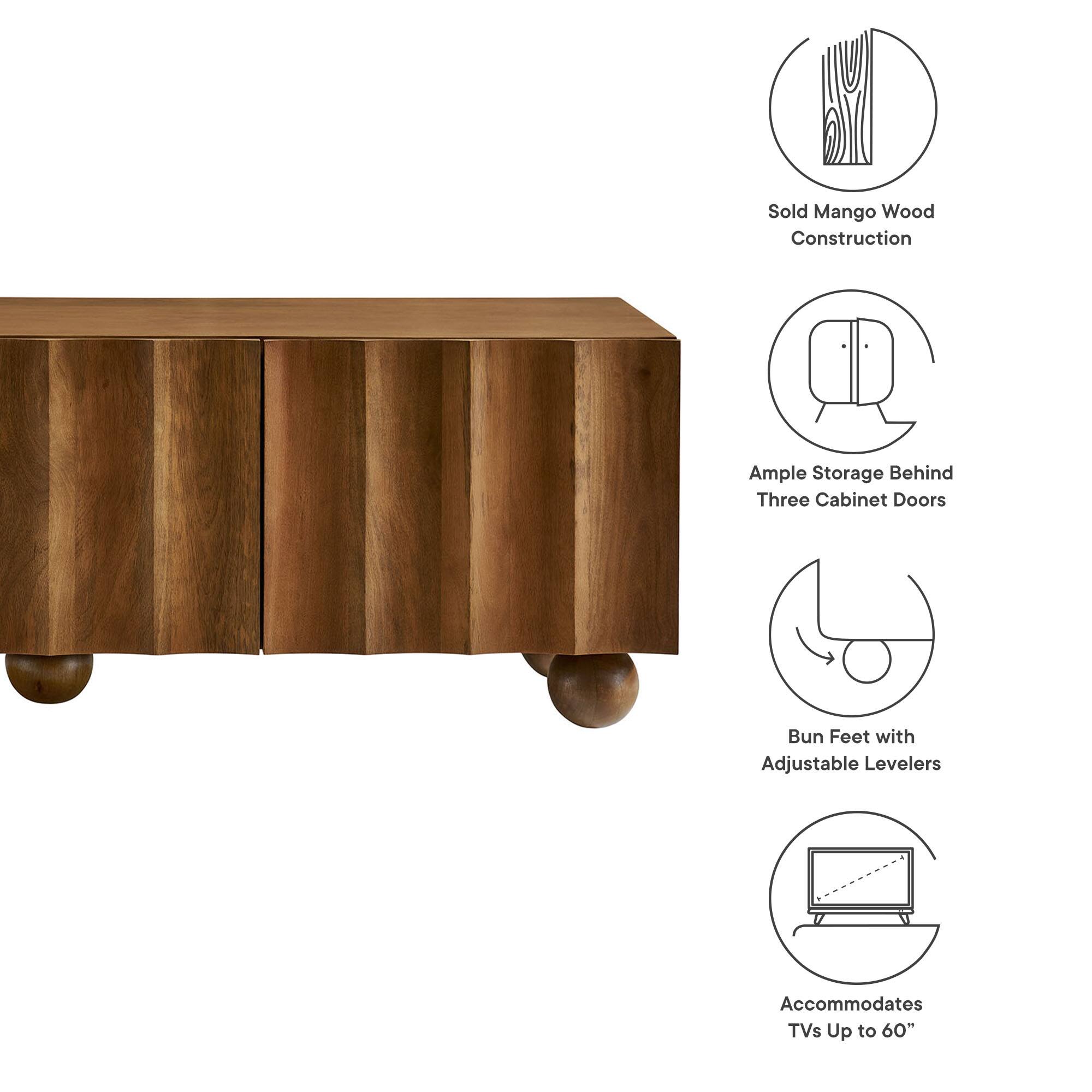 - Solid Mango Wood Construction
- Ample Storage Behind Three Cabinet Doors
- Bun Feet with Adjustable Levelers
- Accommodates TVs Up to 60"