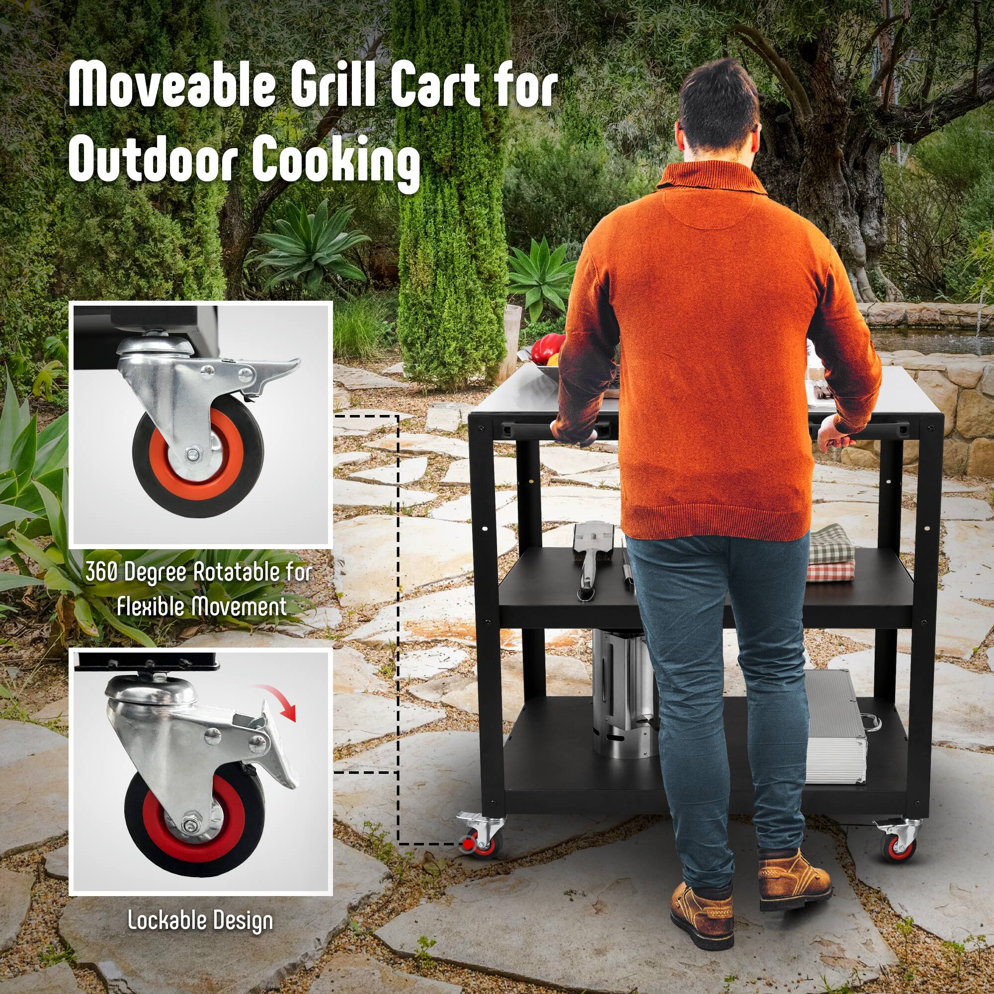 Moveable Grill Cart for Outdoor Cooking

360 Degree Rotatable for Flexible Movement

Lockable Design