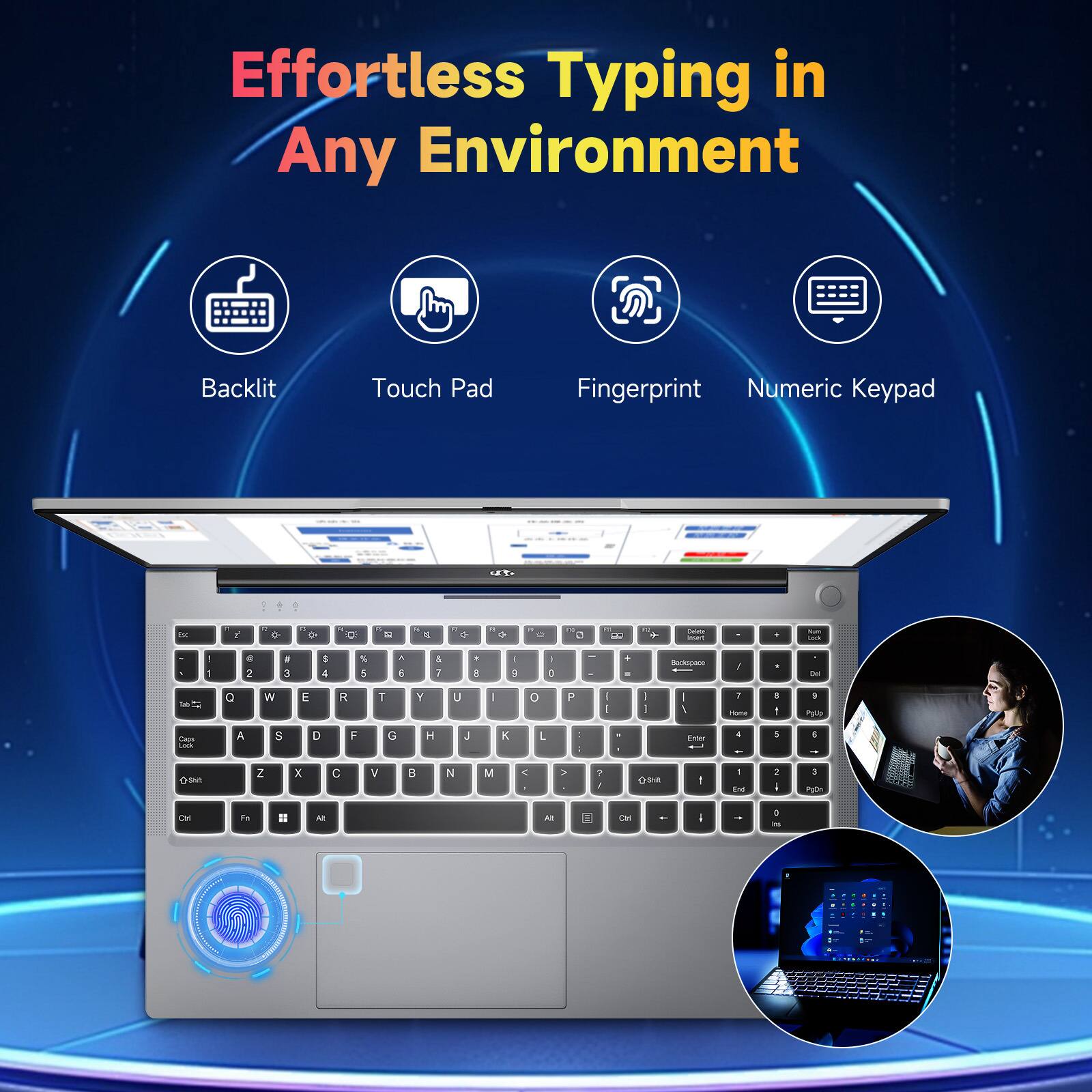 Effortless Typing in Any Environment

- Backlit
- Touch Pad
- Fingerprint
- Numeric Keypad