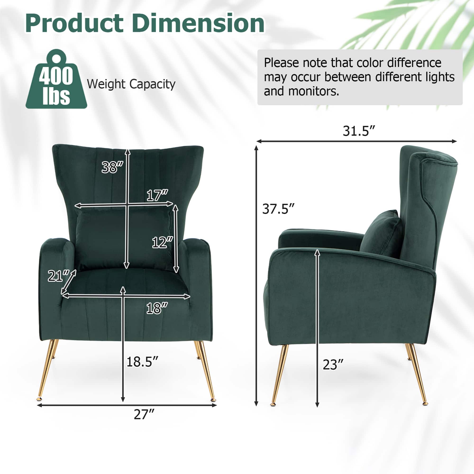 Product Dimension: 400 lb weight capacity. Please note that color difference may occur between different lights and monitors. Measurements: 31.5" (70 cm) wide, 38" (96.5 cm) deep, 17" (43.2 cm) high, 37.5" (95.25 cm) seat height, 12" (30.5 cm) armrest height, 21" (53.3 cm) backrest height, 18" (45.7 cm) seat width, 18.5" (46.99 cm) seat depth, 23" (58.4 cm) backrest width, 27" (68.6 cm) backrest height.