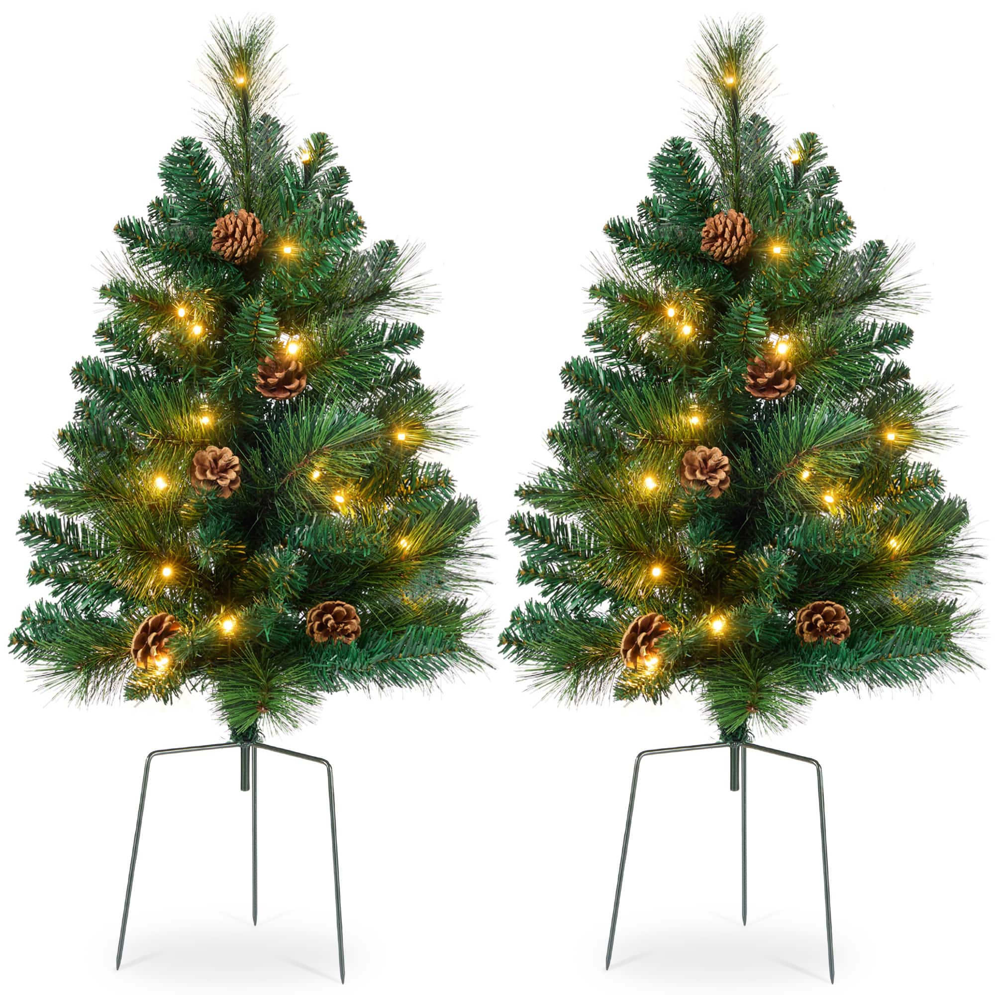 Best Choice Products - Set of 2 24.5in Outdoor Scotch Pine Pathway Christmas Trees Decor w/ LED Lights, Pine Cones - Green