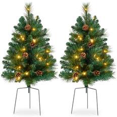Front. Best Choice Products - Best Choice Products Set of 2 24.5in Outdoor Scotch Pine Pathway Christmas Trees Decor w/ LED Lights, Pine Cones - Green - Scotch Pine.