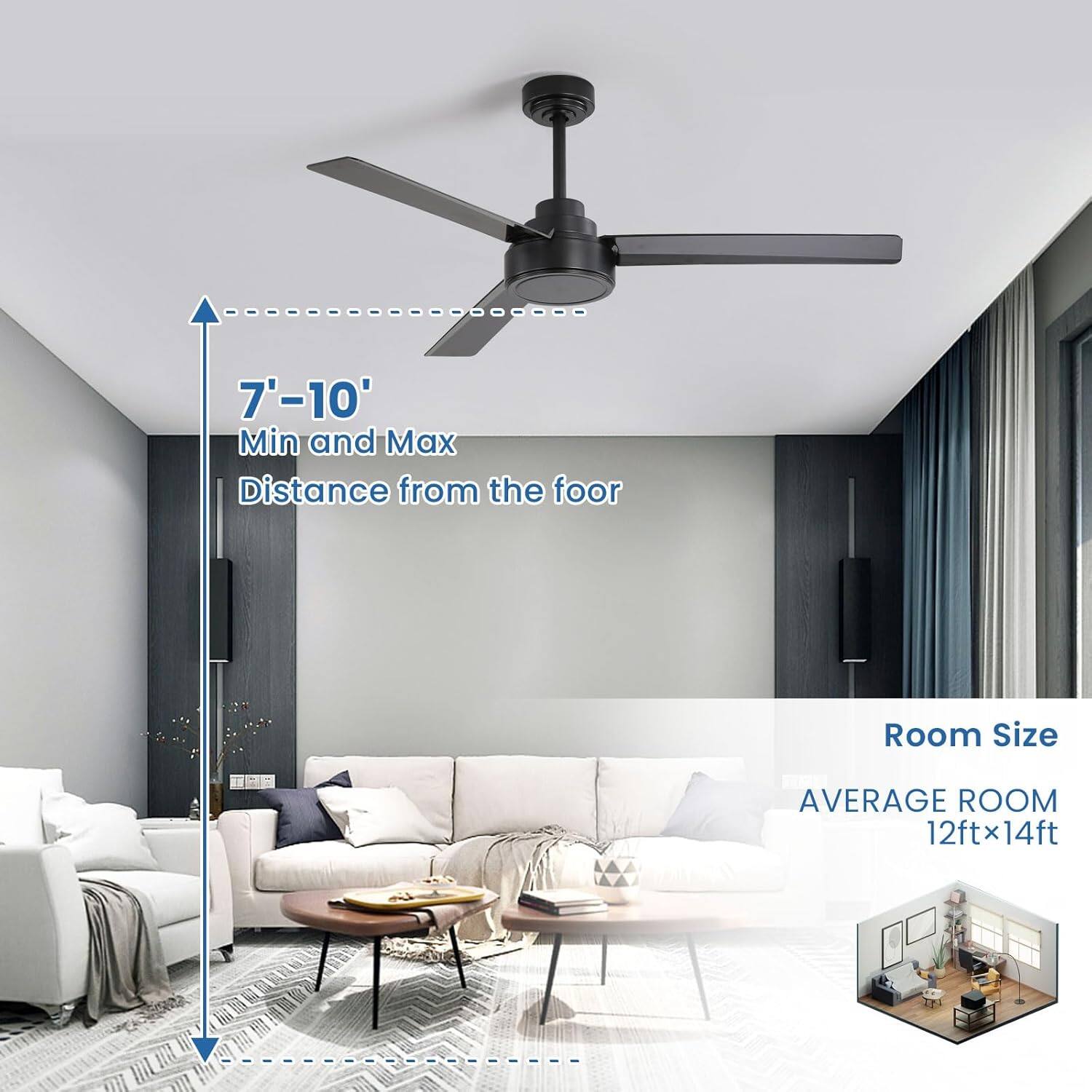 7'-10'  
Min and Max Distance from the floor  

Room Size  
AVERAGE ROOM 12ftx14ft