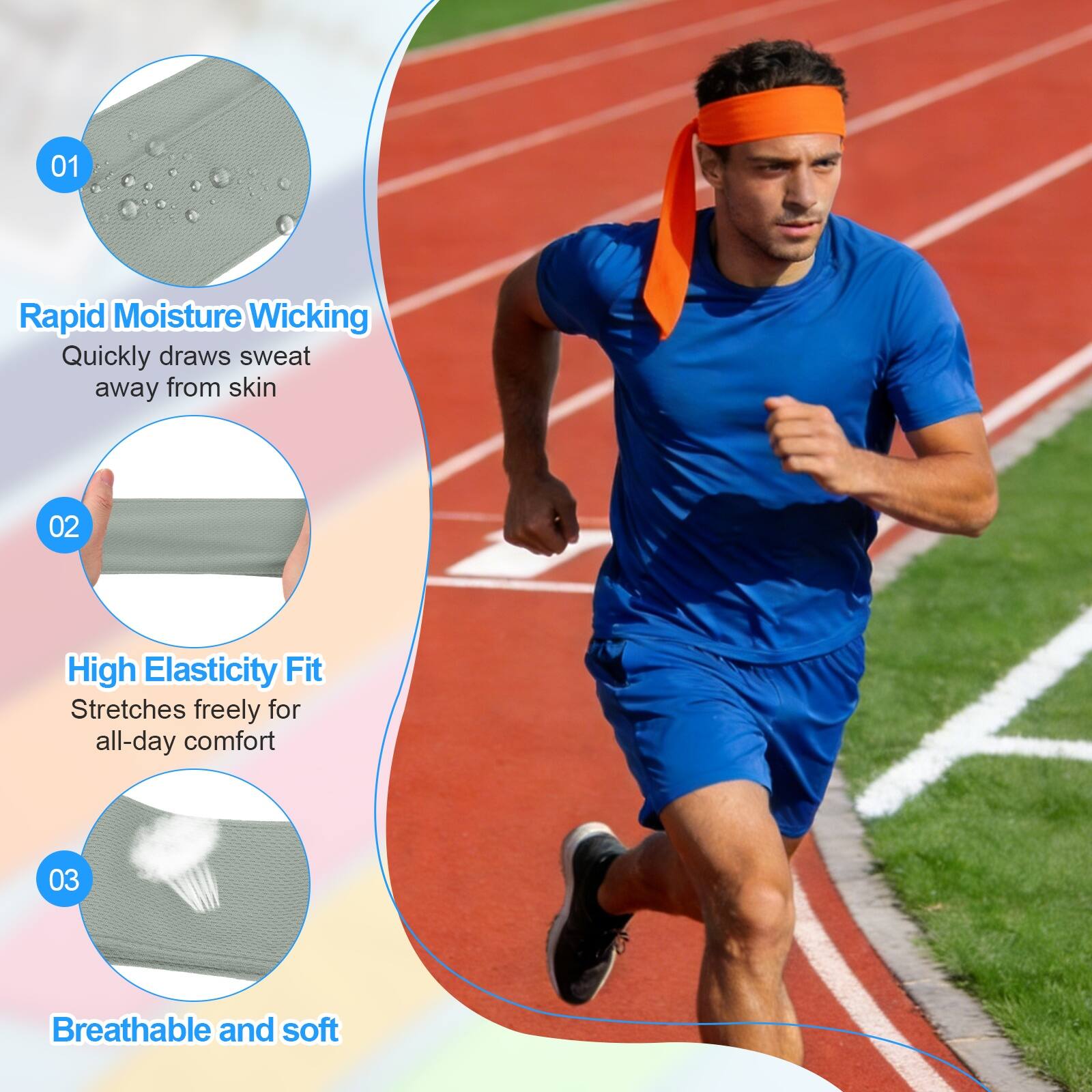01 Rapid Moisture Wicking: Quickly draws sweat away from skin  
02 High Elasticity Fit: Stretches freely for all-day comfort  
03 Breathable and soft