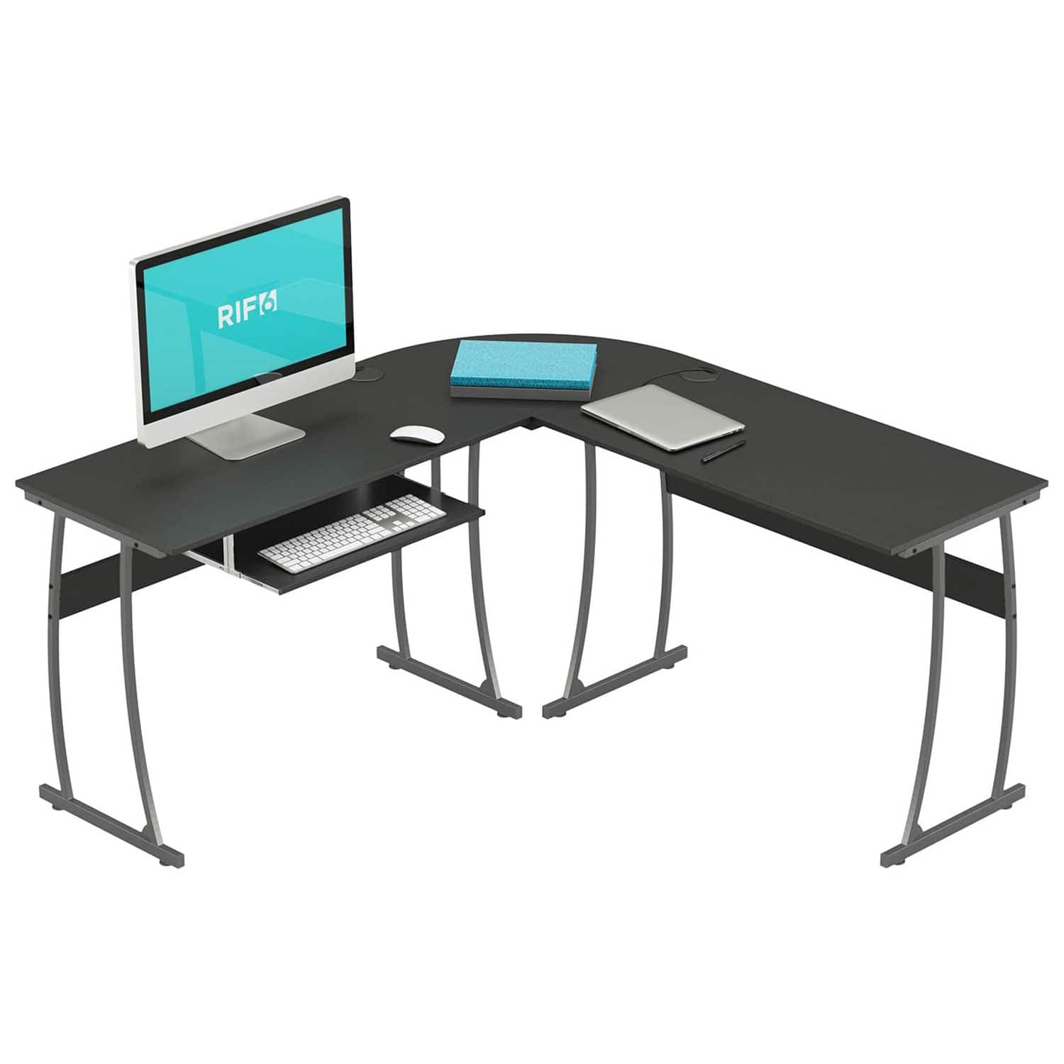 RIF6 - L Shaped Modern Computer Office Desk w/ Keyboard Tray, Easy Assembly - Black