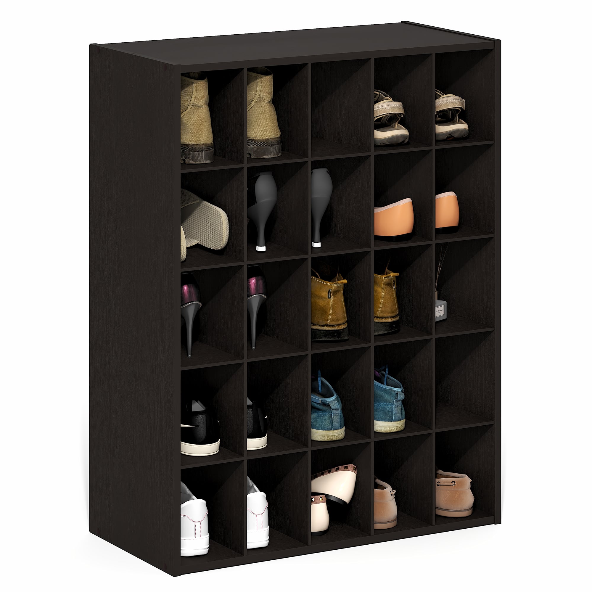 Furinno - FANO Stackable Shoe Organizer, Shoe Rack, 25-Cube Shoe Organizer, for Closet Entryway, Office, Garage - Black Dark Oak