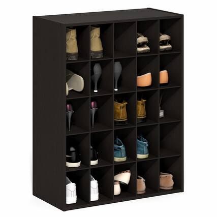 Front. Furinno - FANO Stackable Shoe Organizer, Shoe Rack, 25-Cube Shoe Organizer, for Closet Entryway, Office, Garage - Black Dark Oak.
