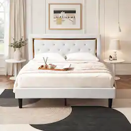Ovios - Full Bed Frame, Upholstered Platform Bed with Tufted Headboard, Wood Slats Support - Beige