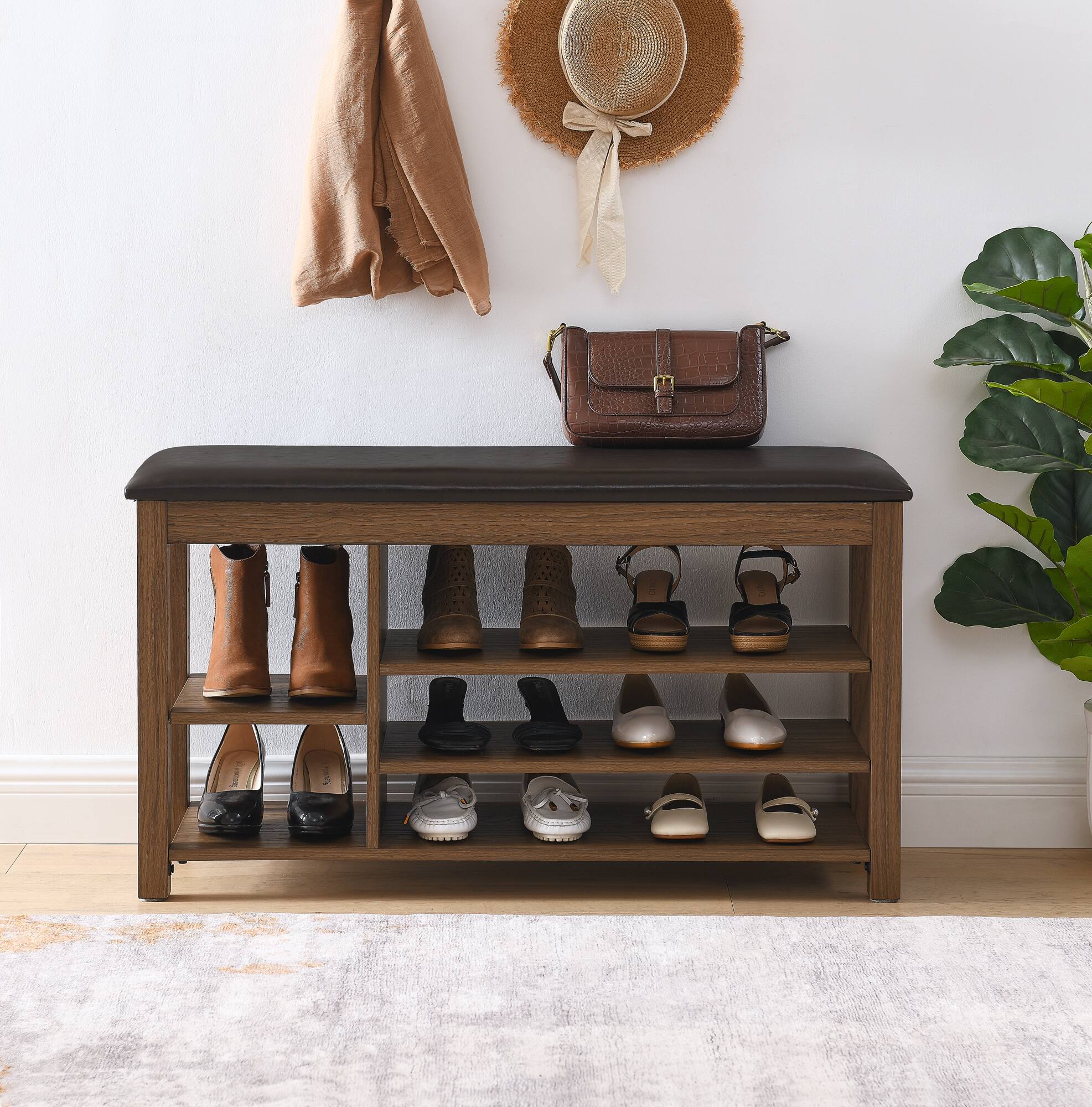 Left. Whisen - Height-Adjustable Shoe Storage Bench with Hidden Compartment, Long Entryway Bench with Cushion - Brown.