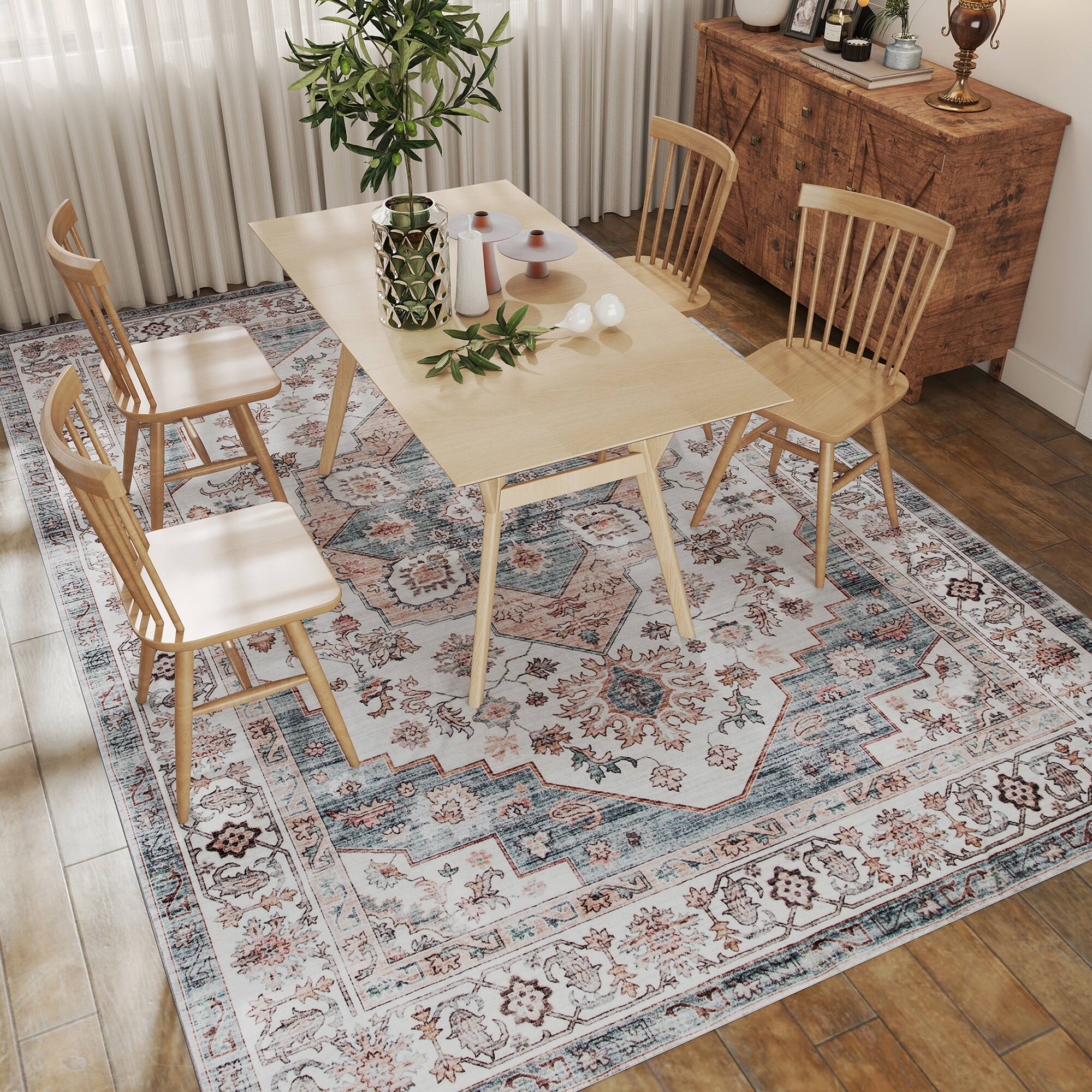 Alt View 8. Homcom - HOMCOM 8x10 Vintage Rug: Mach-Wash Non-Slip Light Blue Distressed, Indoor Boho Carpet - Brown and Light Blue.