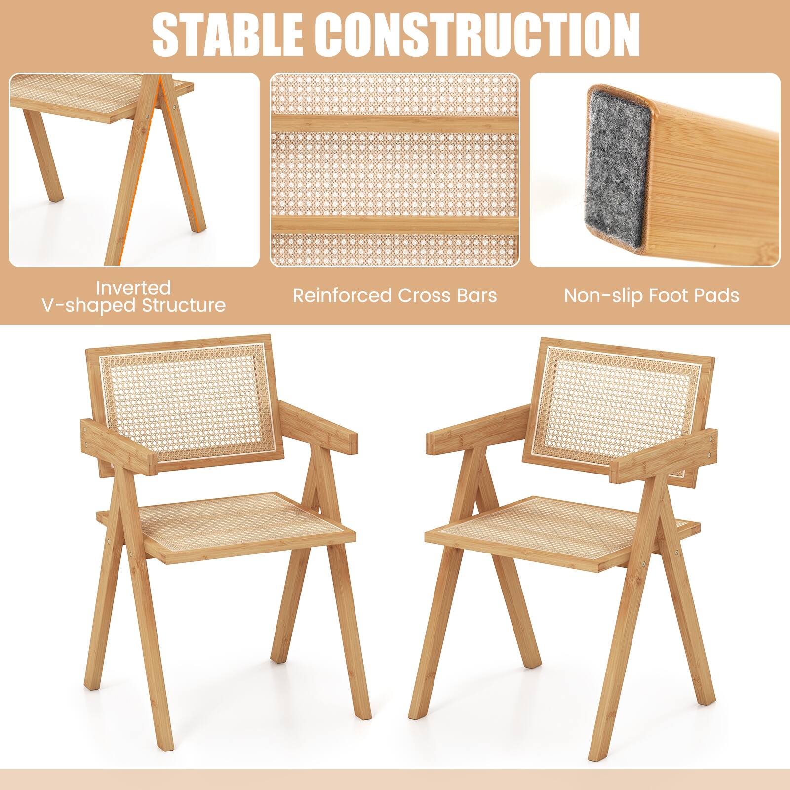 STABLE CONSTRUCTION

- Inverted V-shaped Structure
- Reinforced Cross Bars
- Non-slip Foot Pads