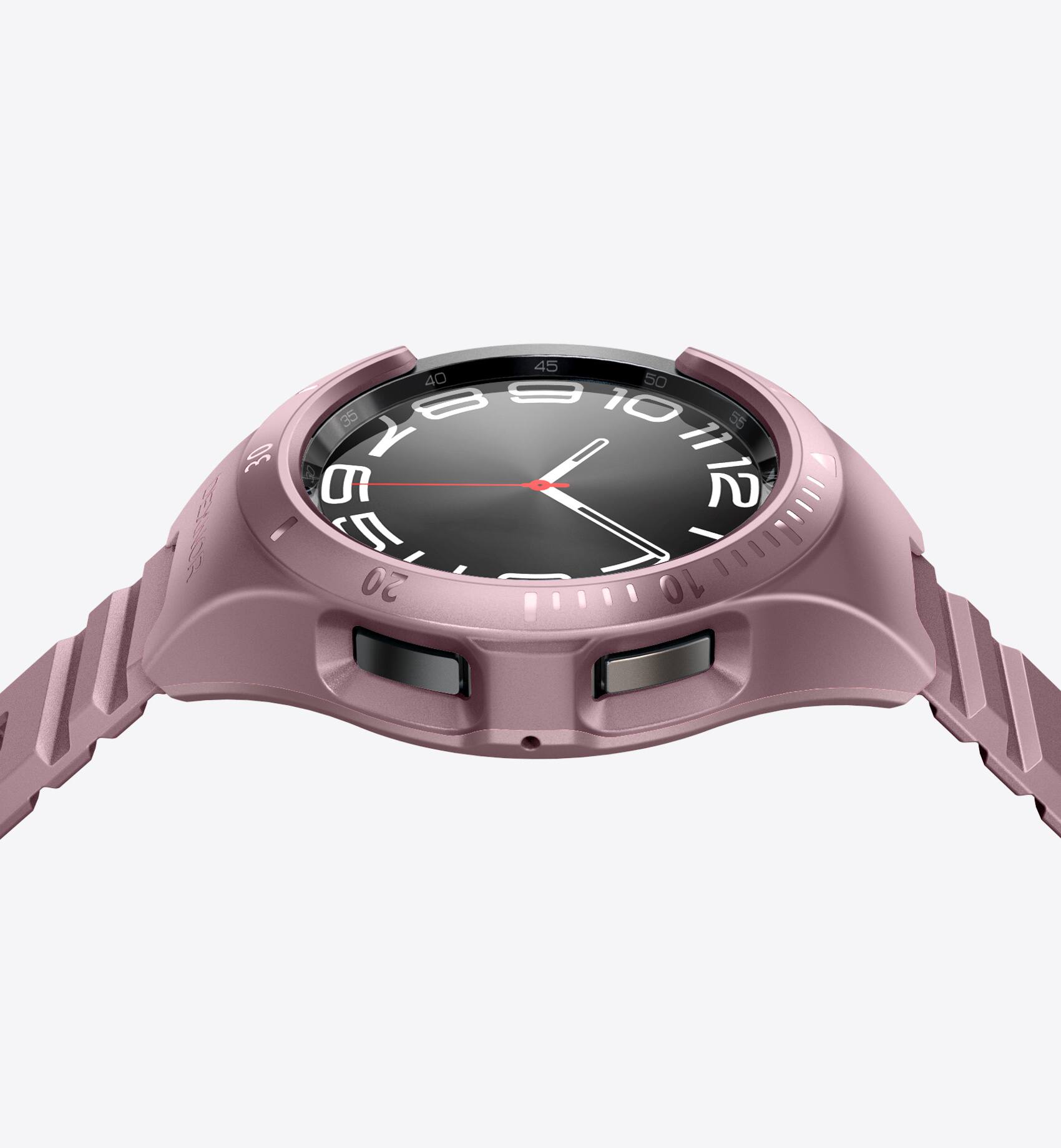 Left. Dexnor - Band for Samsung Galaxy Watch 6 Classic 43mm, Raised Bezel & Snap-on Rugged Shockproof Case - Peony Pink.