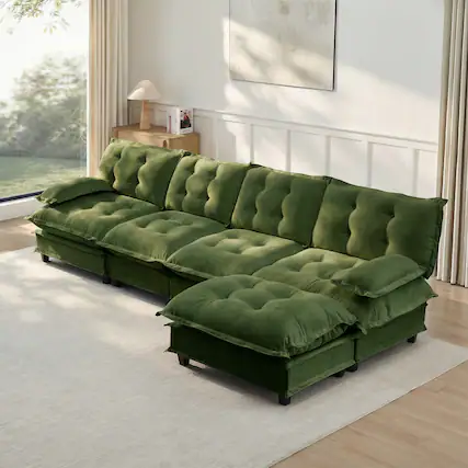 Front. Anysun - 138" L-Shape Cloud Sectional with Ottoman - Modular Chenille Sofa, 4-Seat Deep Design, Lattice-Decor Cushions - Green.