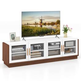 Ecooso - Large TV Stand for TVs up to 75 Inch with 4 Tempered Glass Doors - Brown + White
