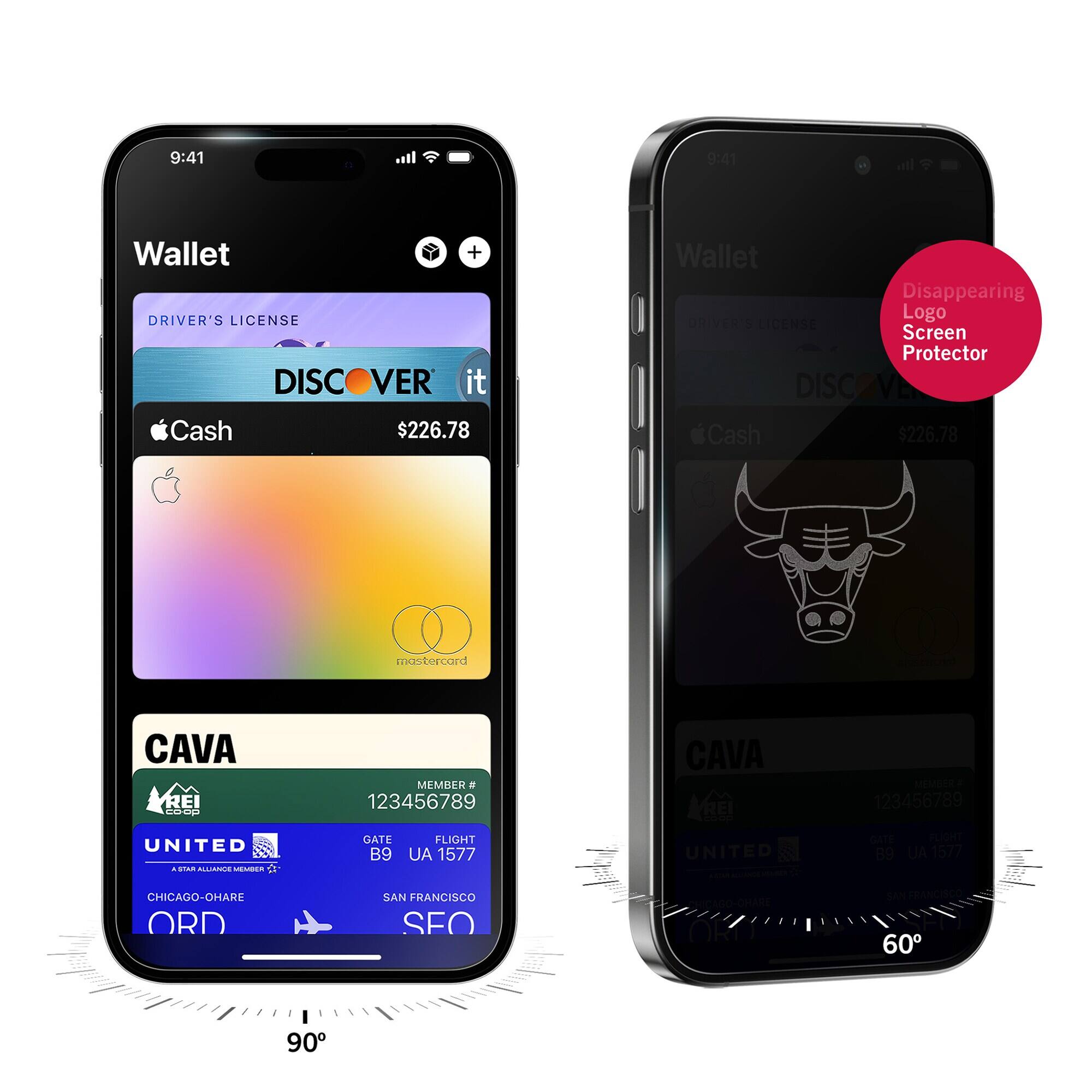 9:41  
all  
Wallet DRIVER'S LICENSE Cash  
+ VER it $226.78  
Wallet Disappearing Logo DRIVER'S LICENSE Screen Protector DISCO Cash $226.78  
mastercard  
CAVA REI coop  
MEMBER # 123456789  
CAVA REI  
MEMBER 123456789  
UNITED ASTAR ALLINNCE MEMBER  
GATE B9  
FLIGHT UA 1577  
UNITED  
GATE FLIGHT B9 AU 1577  
CHICAGO-OHARE ORD  
SAN FRANCISCO SEO  
CHICAGO-OHARE ORD  
SAN FRANCISCO 60  
90