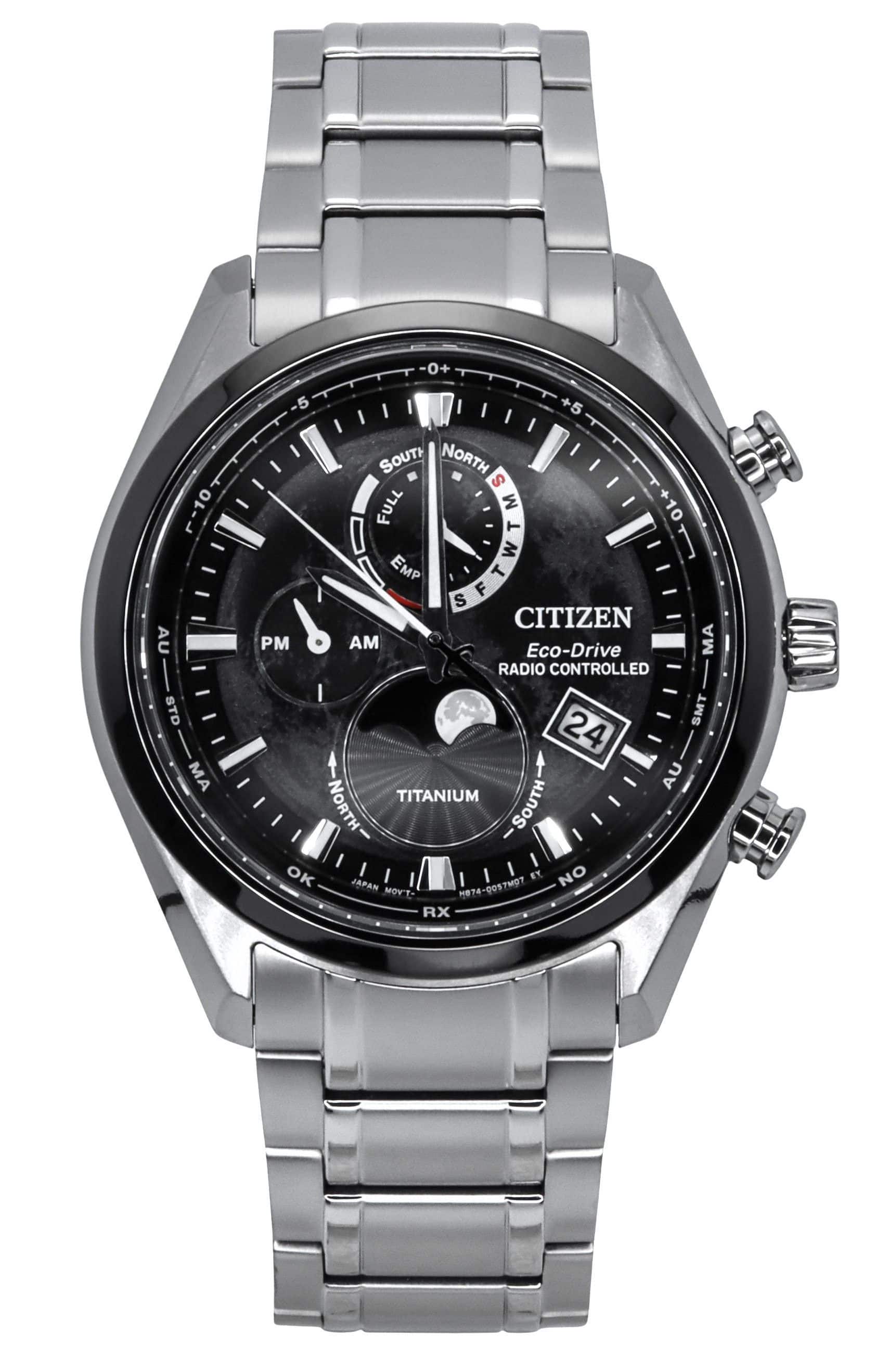 Citizen - Tsuki-Yomi Radio Controlled Moon Phase Eco-Drive BY1018-80E 100M Mens Watch Super Titanium Black Dial - Silver/Black
