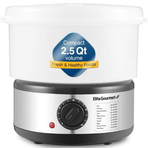 Elite Gourmet - EST250 2.5Qt Electric Mini Food Steamer, 400W, BPA-Free Tray, 60-Min Timer, Auto Shut-Off - Stainless Steel