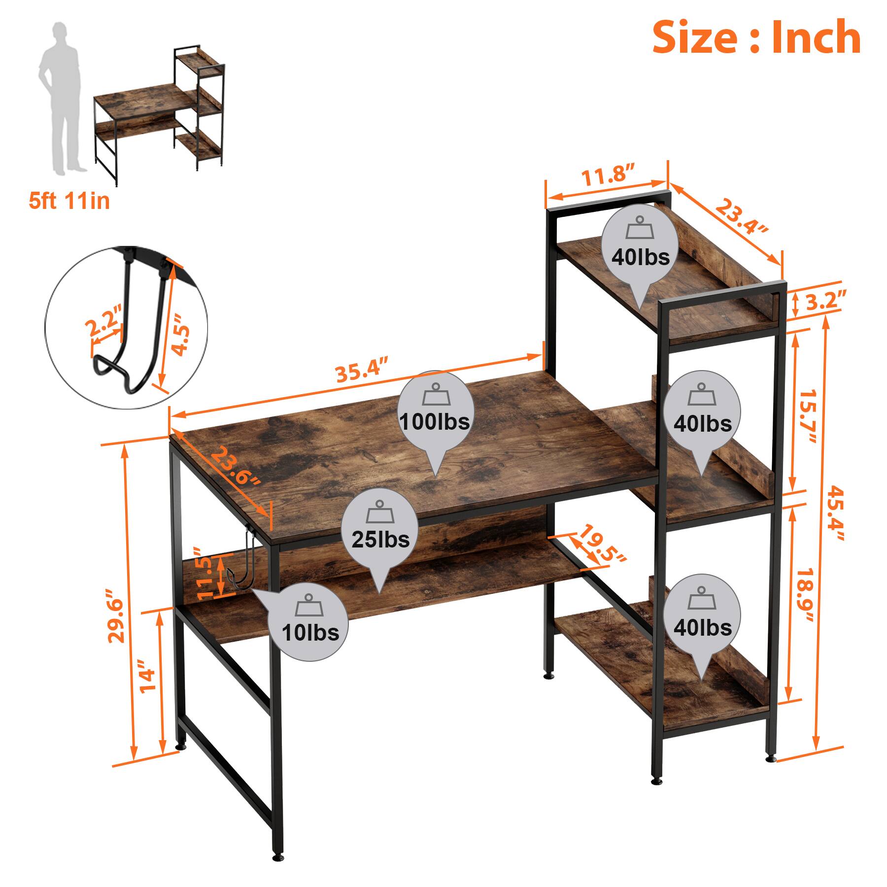 Size: 5ft 11in 11.8" 40lbs 23.4" 2.2" 4.5" 35.4" 100lbs 23.6" 25lbs 11.5" 29.6" 10lbs 14" 19.5" 19 40lbs 40lbs 3.2" 15.7" 45.4" 18.9"