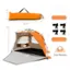 The image shows a tent with a wind rope and metal stakes. The tent is designed for 3-4 people and has a size of 35.5" x 57" and 94.5" x 94.5". The tent also comes with a wind rope and 8 metal stakes.