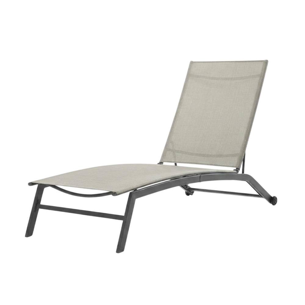 Front. Outdoor Escape - Black Steel Outdoor Lounge Chairs Set of 2 with Reclining Mesh and Wheels - Light Gray.
