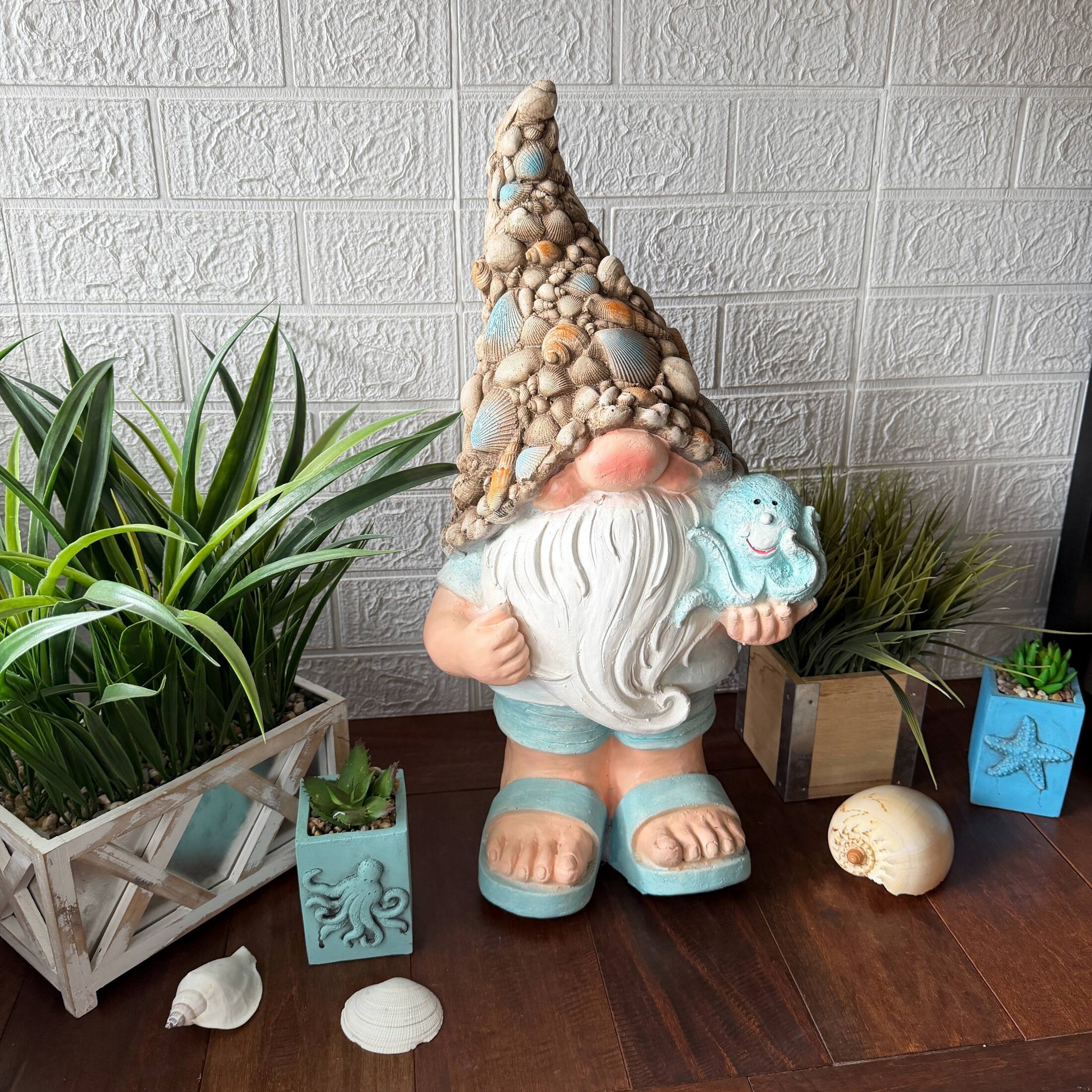 Alt View 4. Fancy That - Coastal Gnome Garden Statue with Octopus Shell Hat 22 Inch Magnesium Oxide Aqua - Aqua.