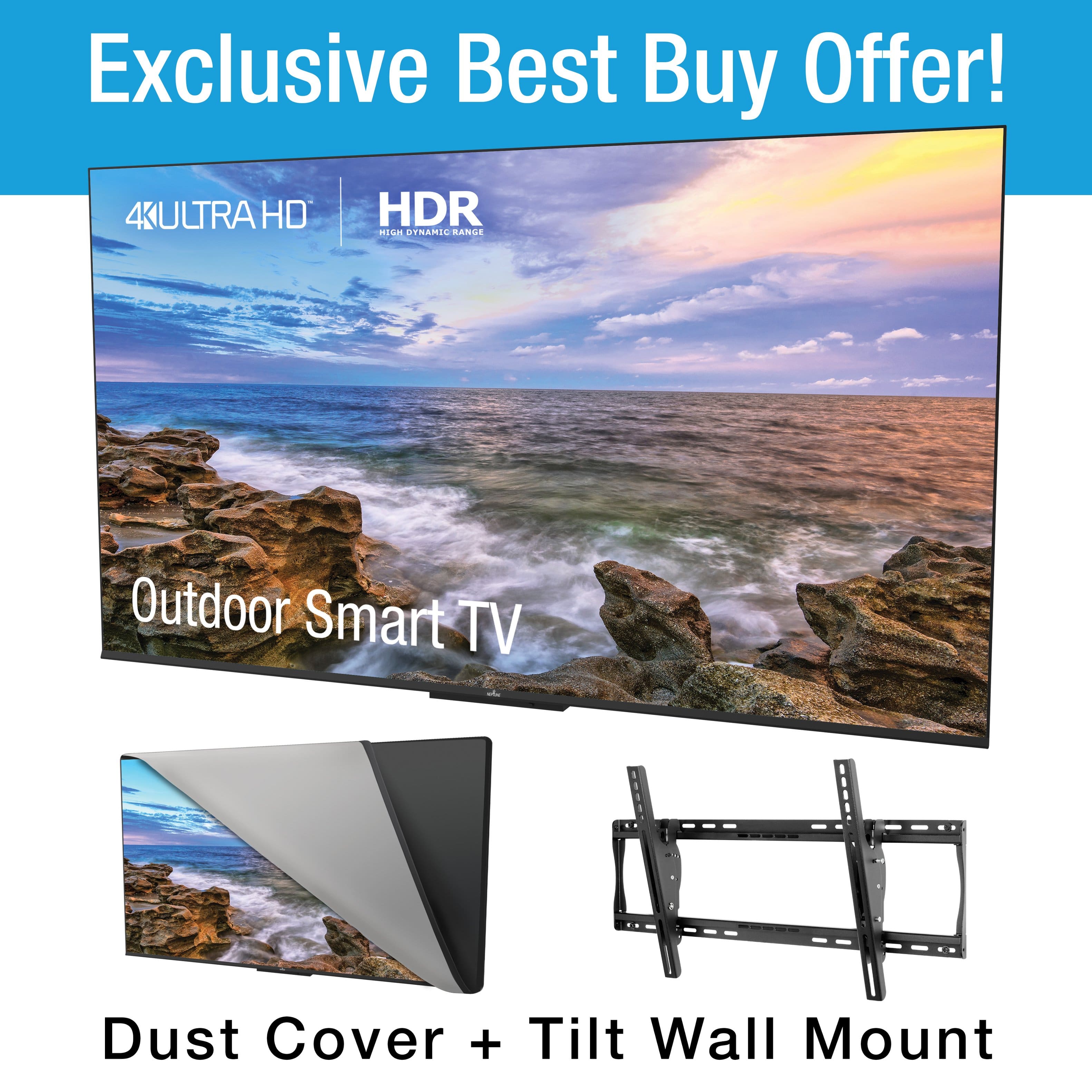 Neptune - 65" Class 4K LCD Outdoor Shade Smart TV (Google Play), Dust Cover, Tilt Mount Bundle