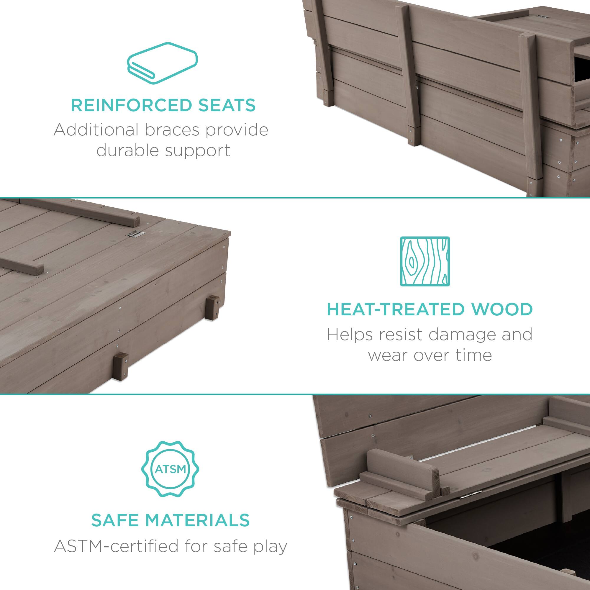 REINFORCED SEATS: Additional braces provide durable support.

HEAT-TREATED WOOD: Helps resist damage and wear over time.

SAFE MATERIALS: ASTM-certified for safe play.